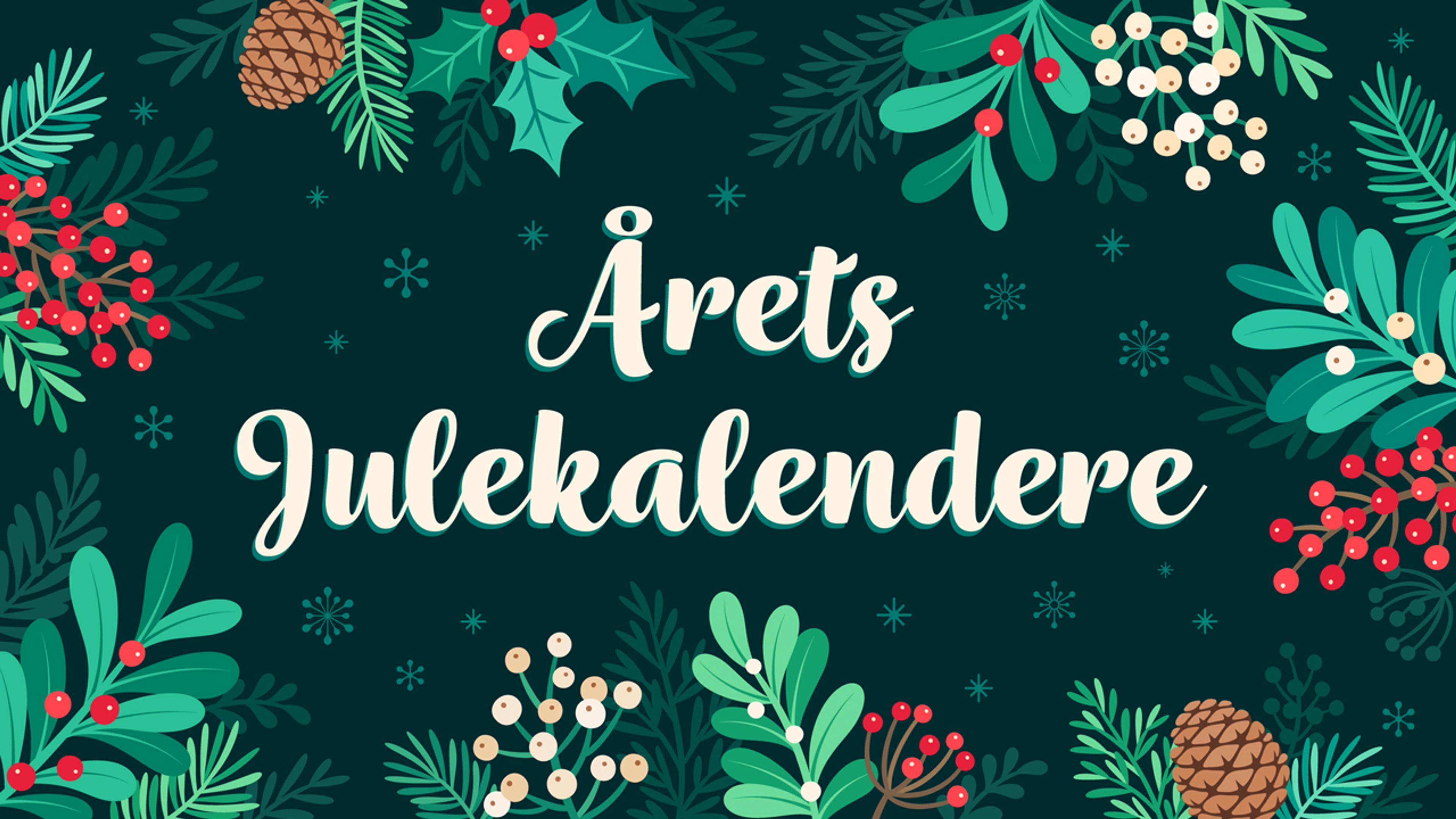 Illustrasjon av en julekrans som ligger rundt tekst som sier Årets Julekalendere.