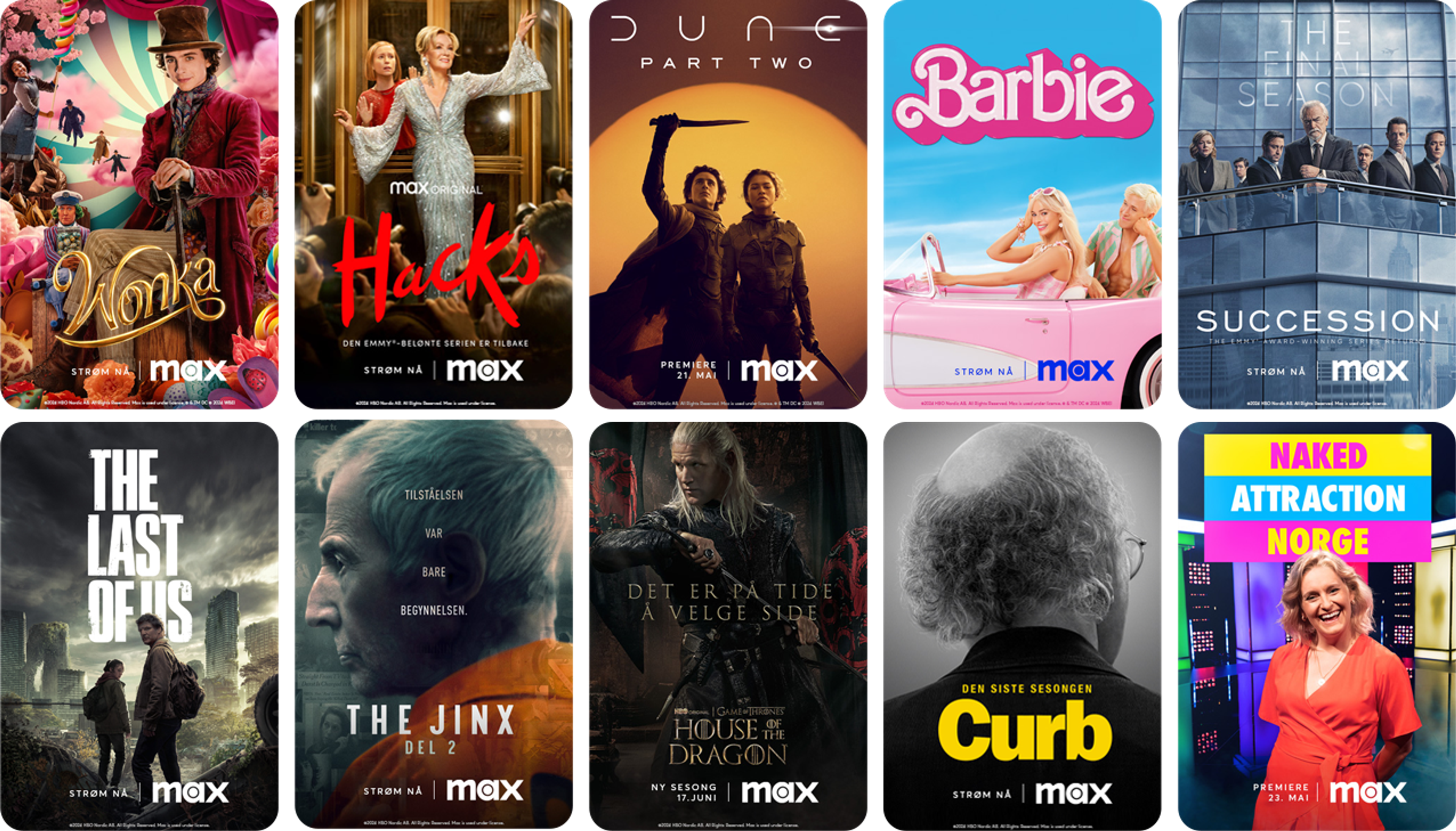 Collage av Max serier og filmer som House of the Dragon, Dune, Barbie og Last of Us.