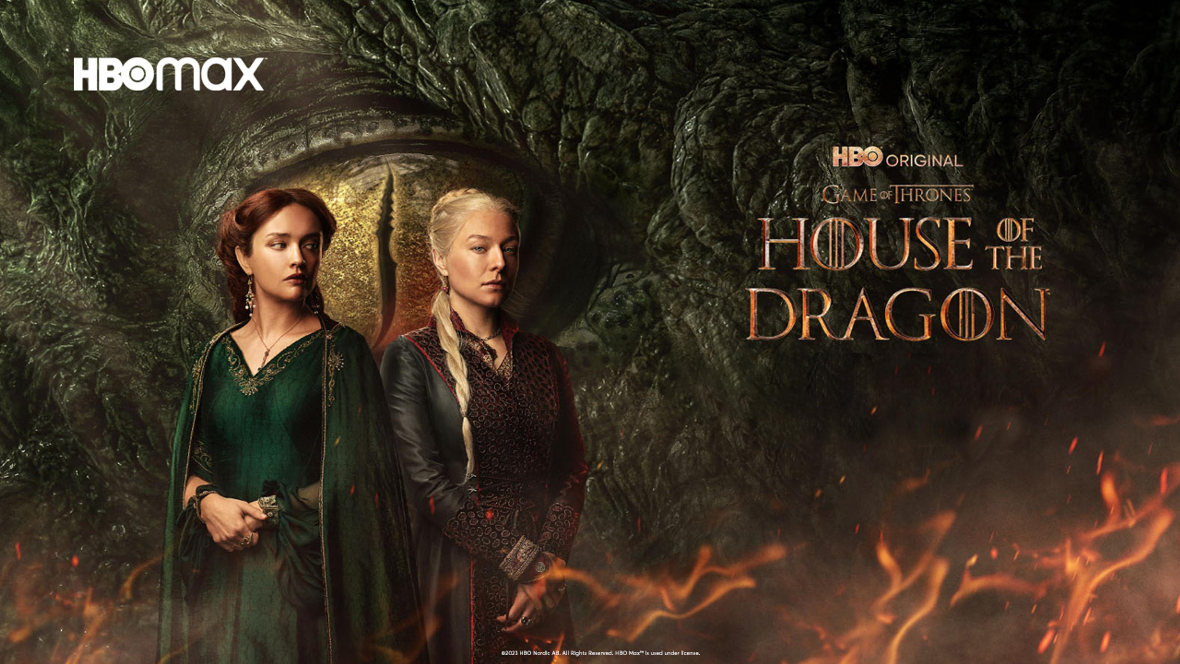 En gigantisk drage er i øyehøyde med de to kvinnelige hovedrollene i House of The Dragon.