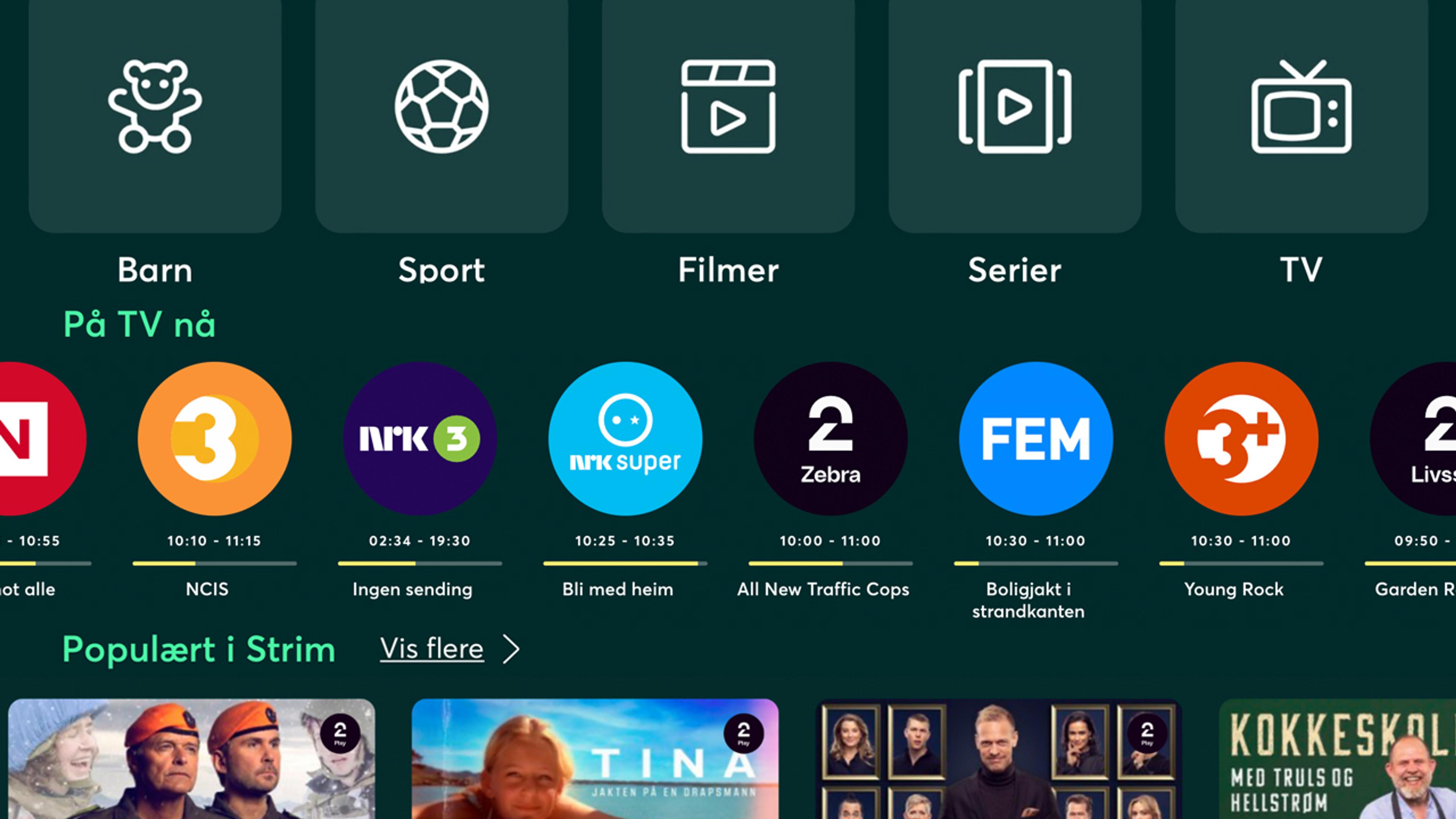 Skjerbildet av Strim-appen med TV-kanaler og streaming innhold