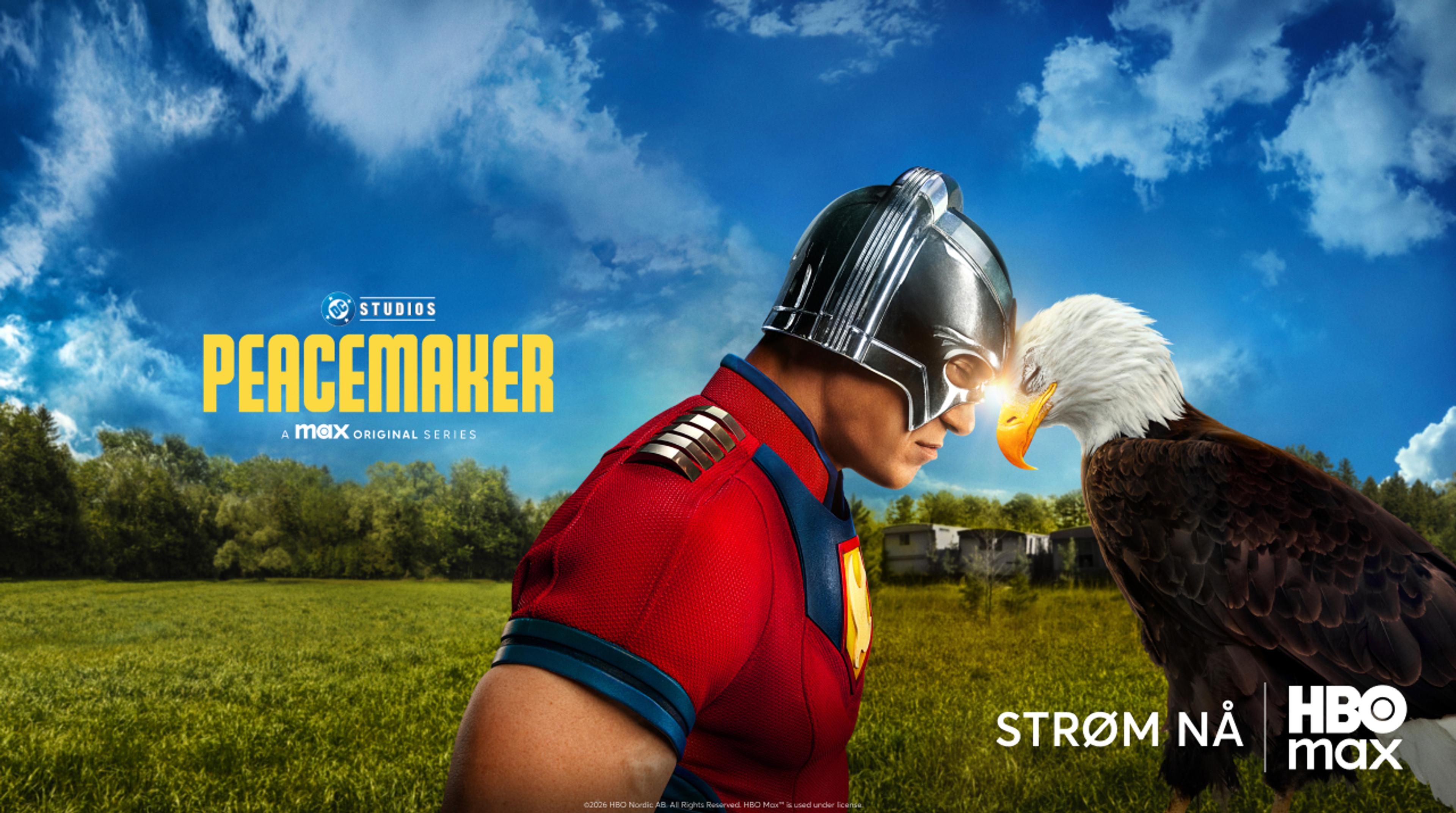 Grafikk for serien Peacemaker som du ser på HBO Max med Strim.