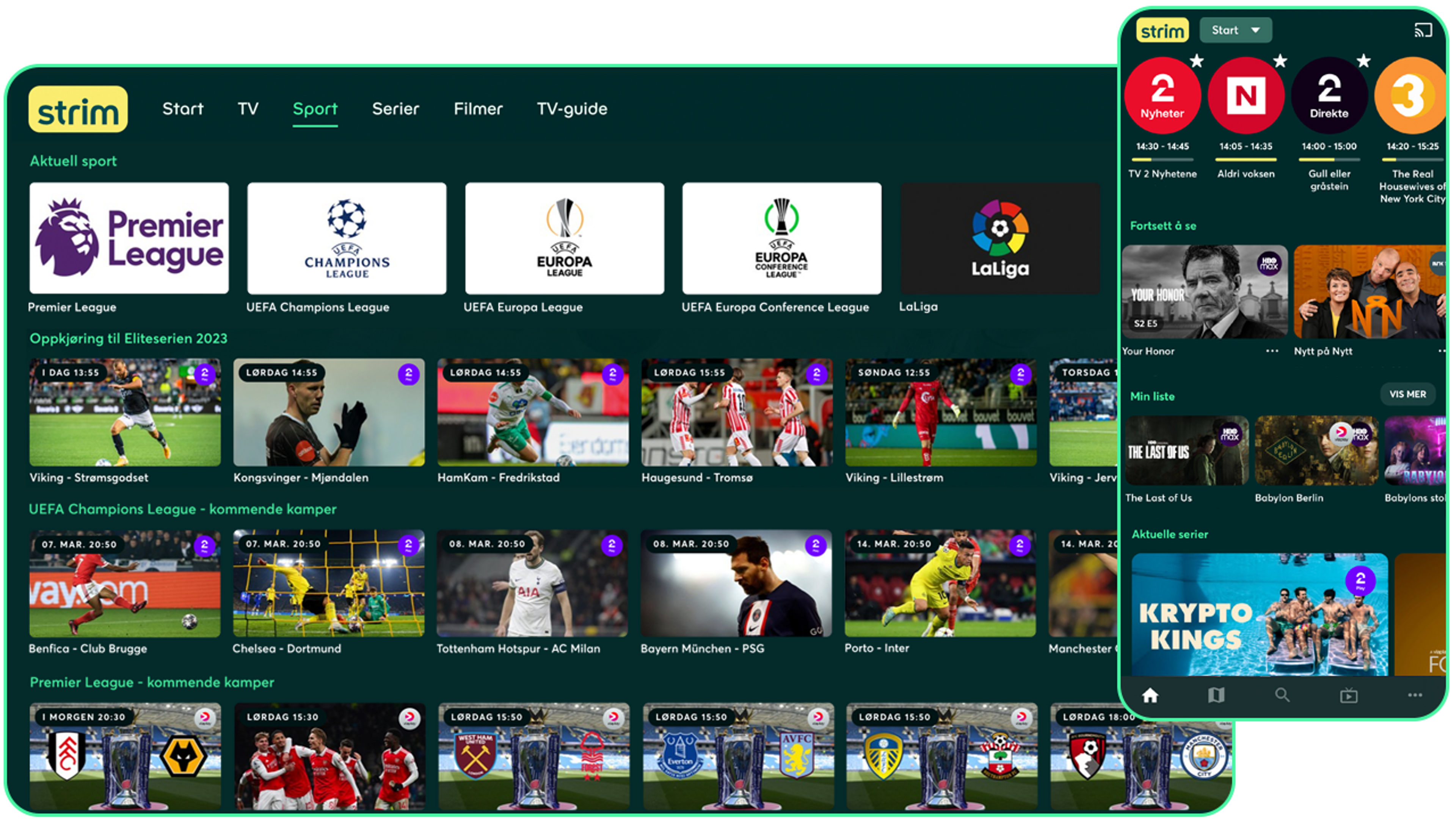 Nettbrett og mobil som viser ulike TV-kanaler, fotball og innhold i Strim-appen.