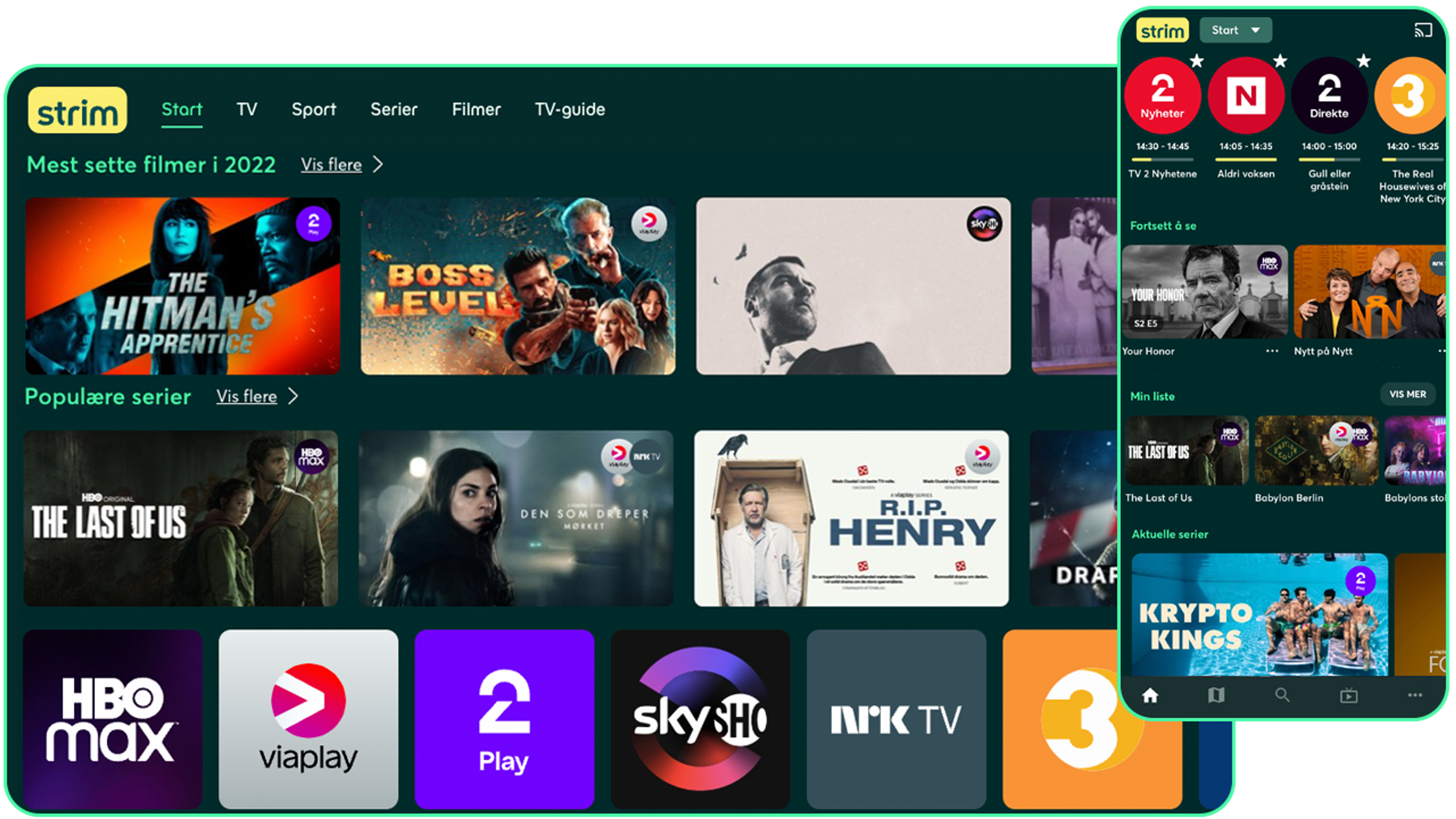 Nettbrett og mobil som viser ulike TV-kanaler og innhold i Strim-appen.