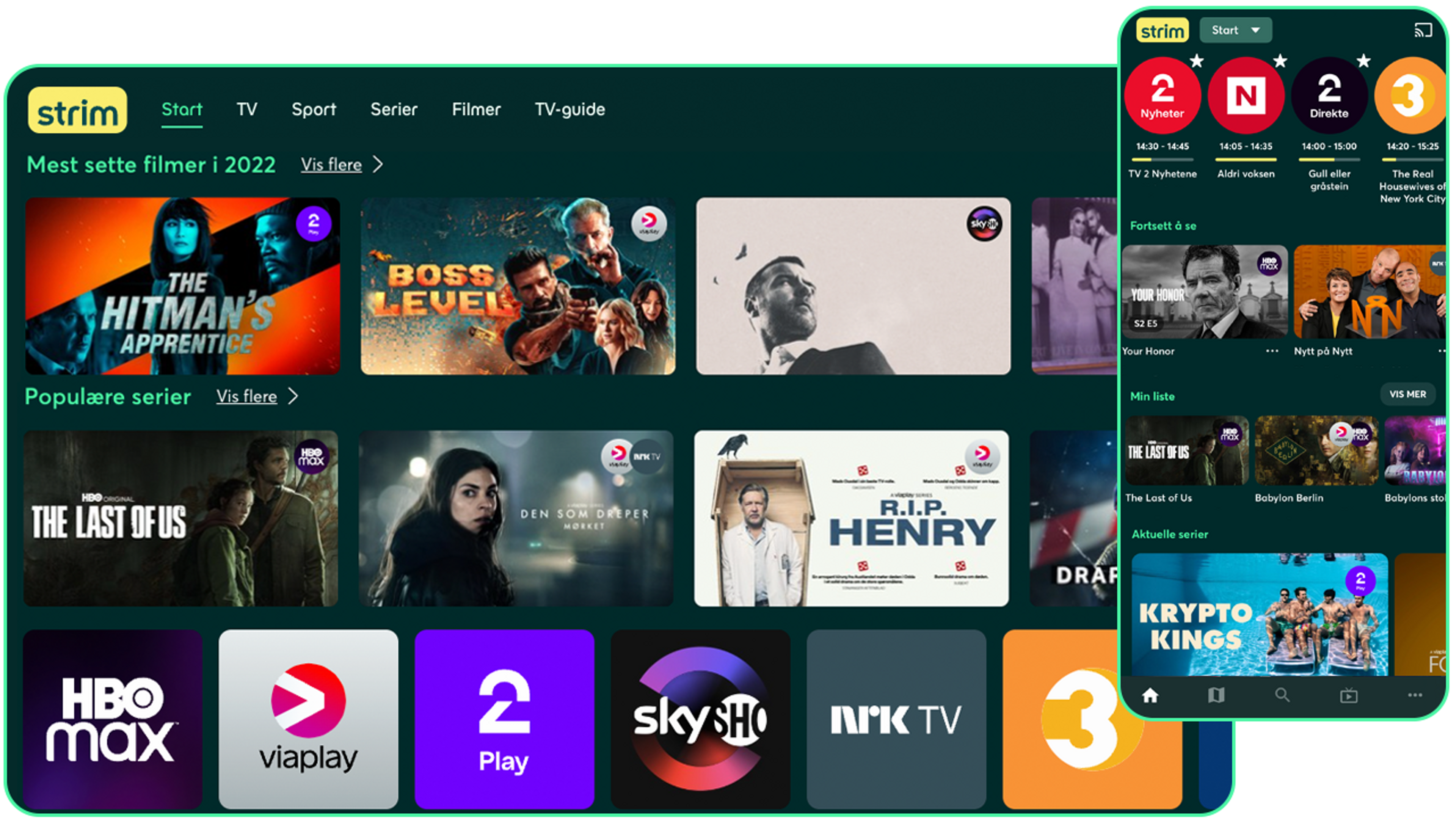 Nettbrett og mobil som viser ulike TV-kanaler og innhold i Strim-appen.