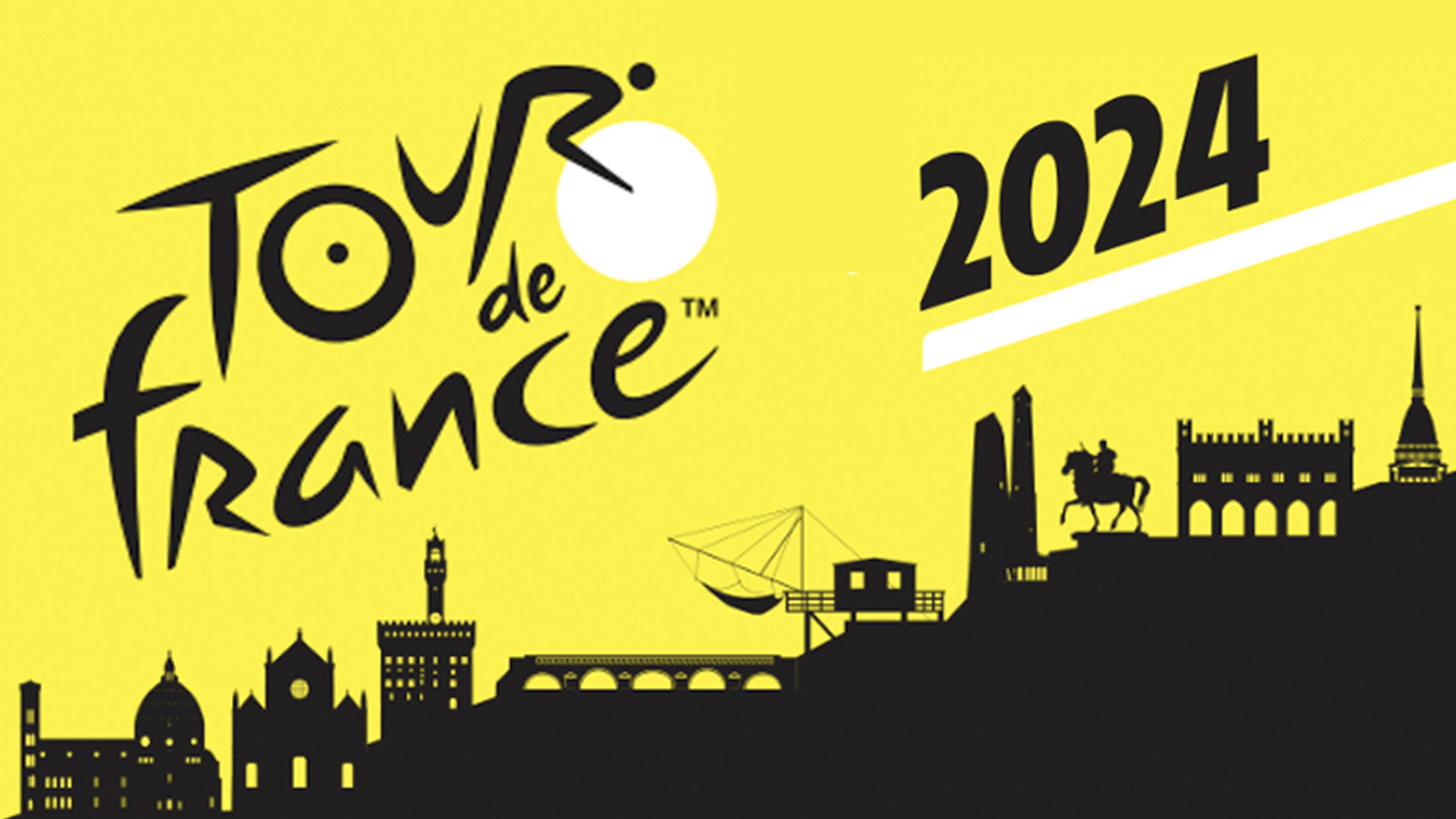 Tour de France logo på gul bakgrunn med siluetter av kjente monumenter.