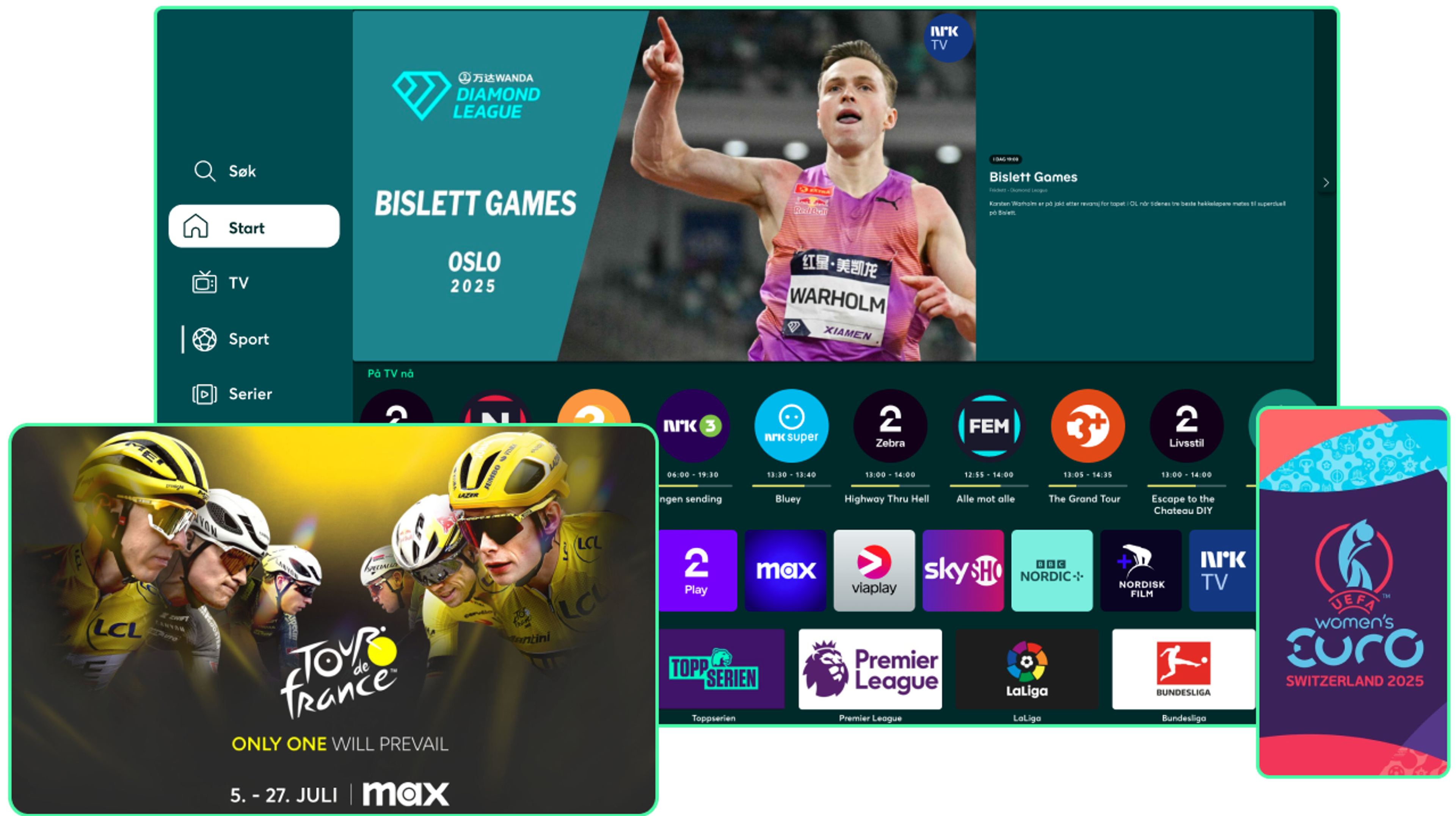 Tre bokser som representerer TV, nettbrett og mobil. Viser innhold fra Strim med fokus på sykkel og fotball.