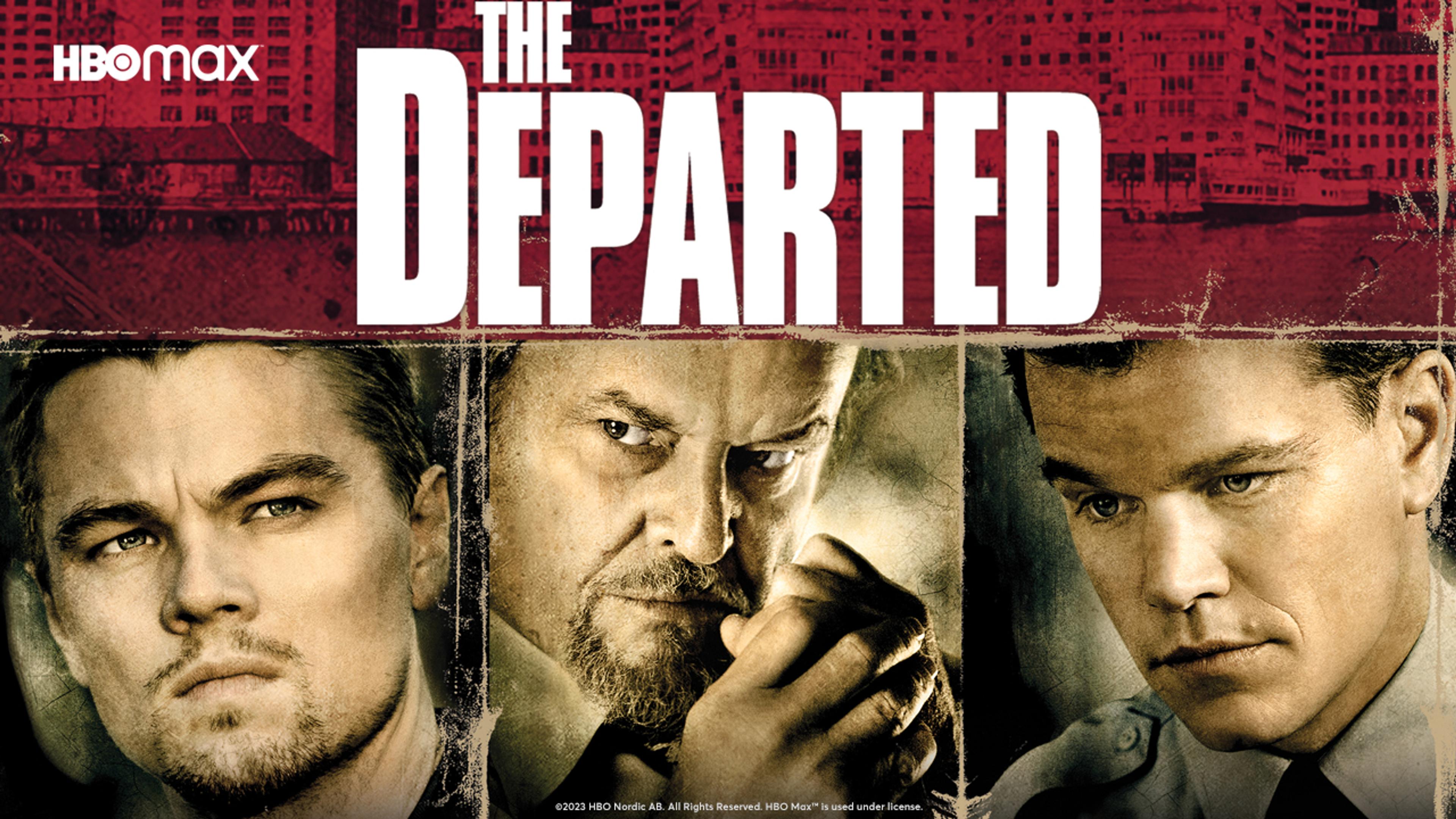Filmposter for The Departed med bilde av Jack Nicholson, Leonardo DiCaprio og Matt Damon.