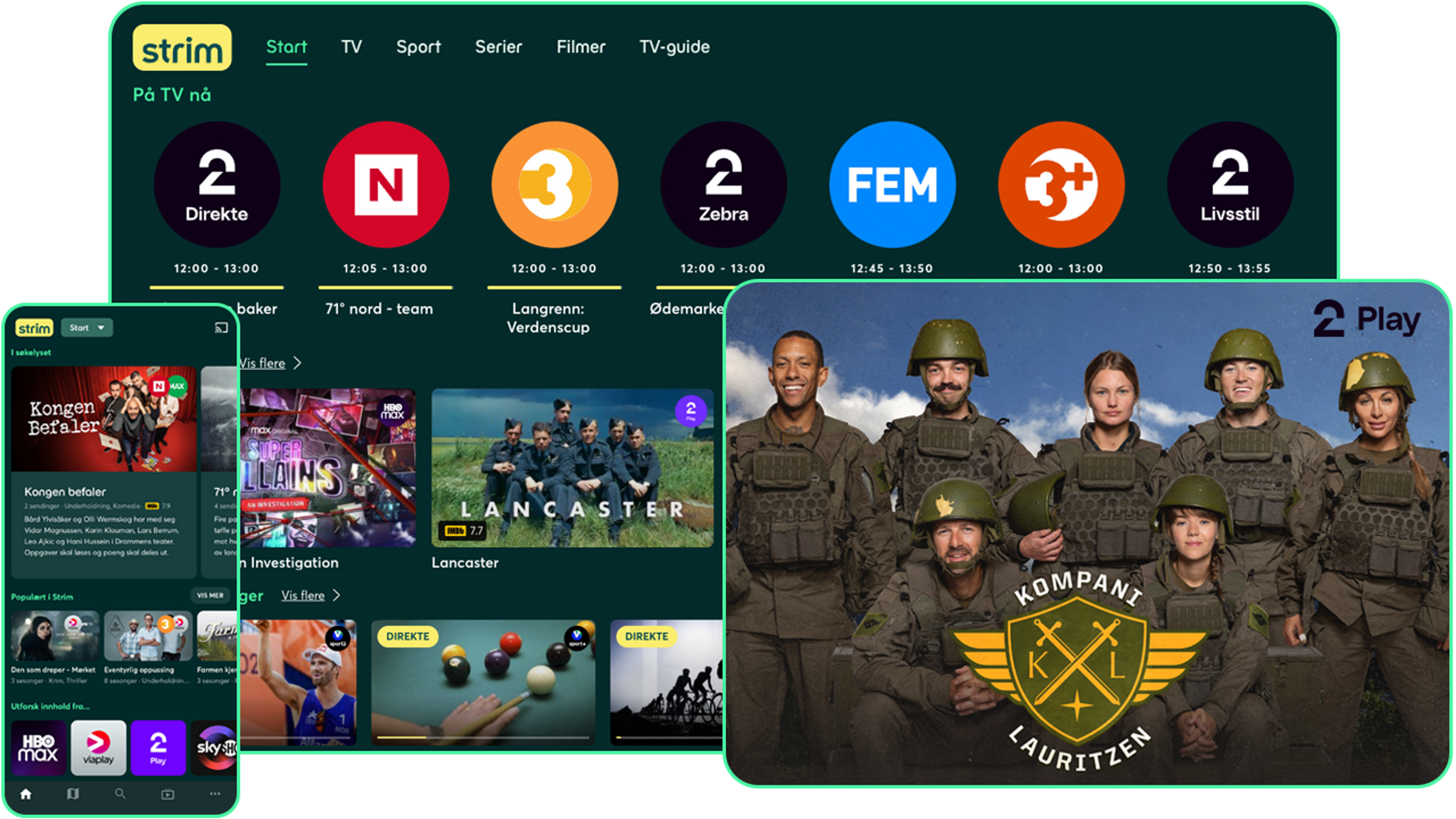 TV, nettbrett og mobil som viser ulike TV-kanaler og innhold i Strim-appen.
