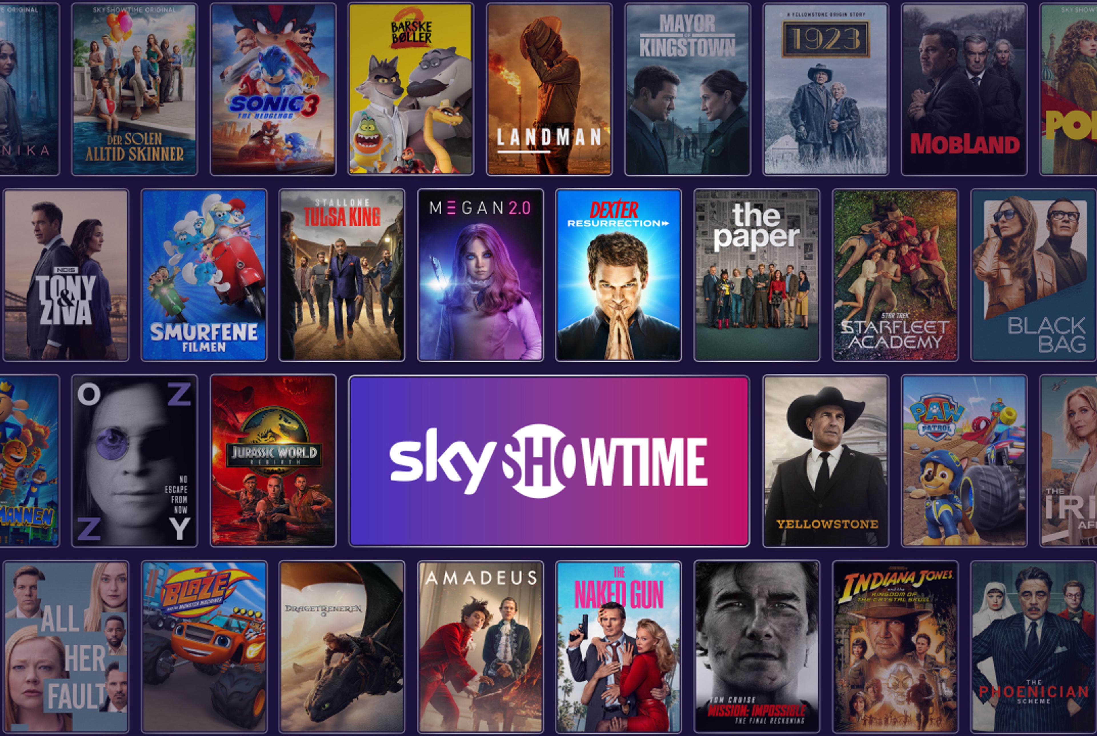SkyShowtime collage med logo og kjente titler fra strømmetjenesten.