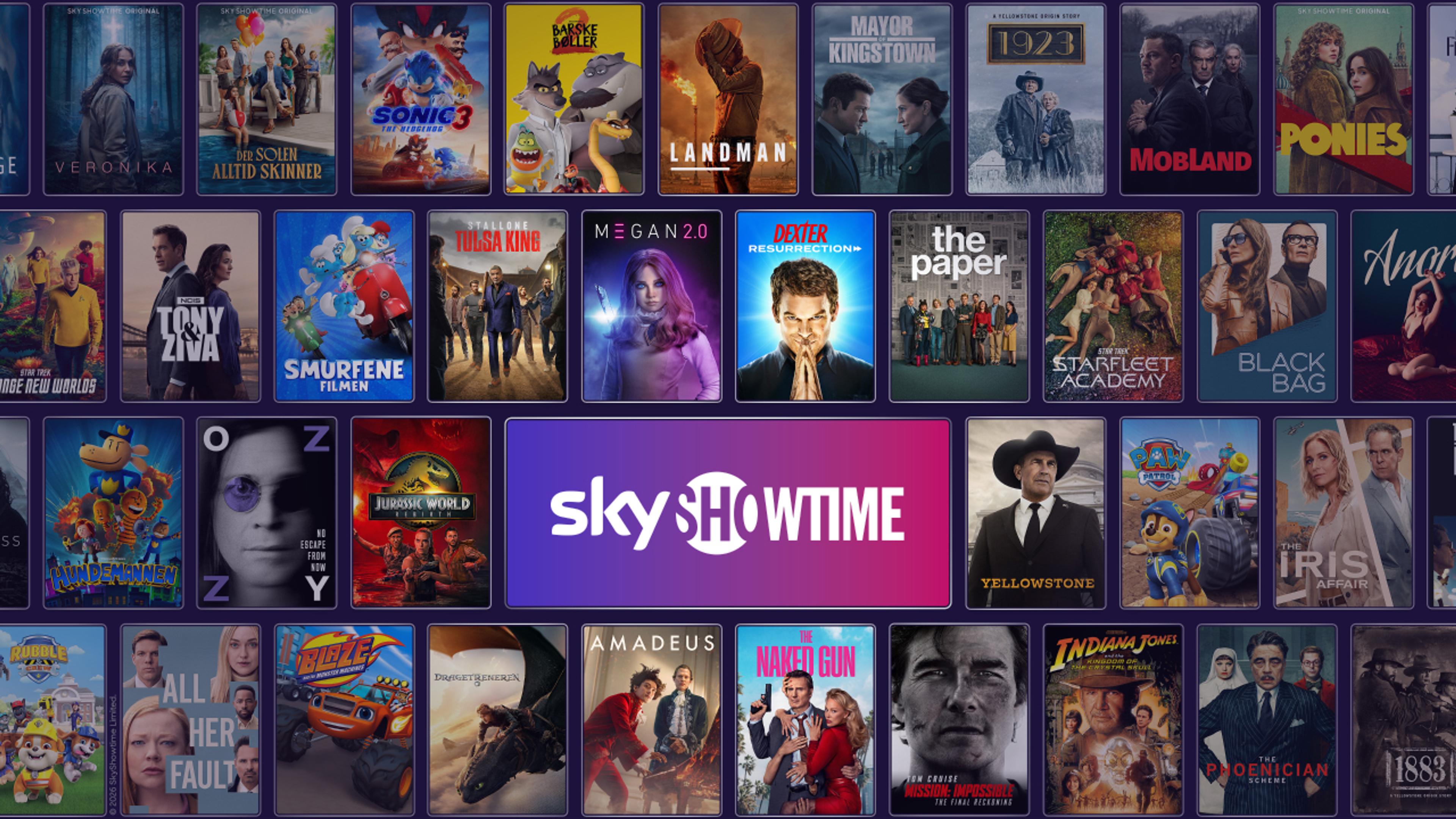 SkyShowtime collage med logo og kjente titler fra strømmetjenesten.