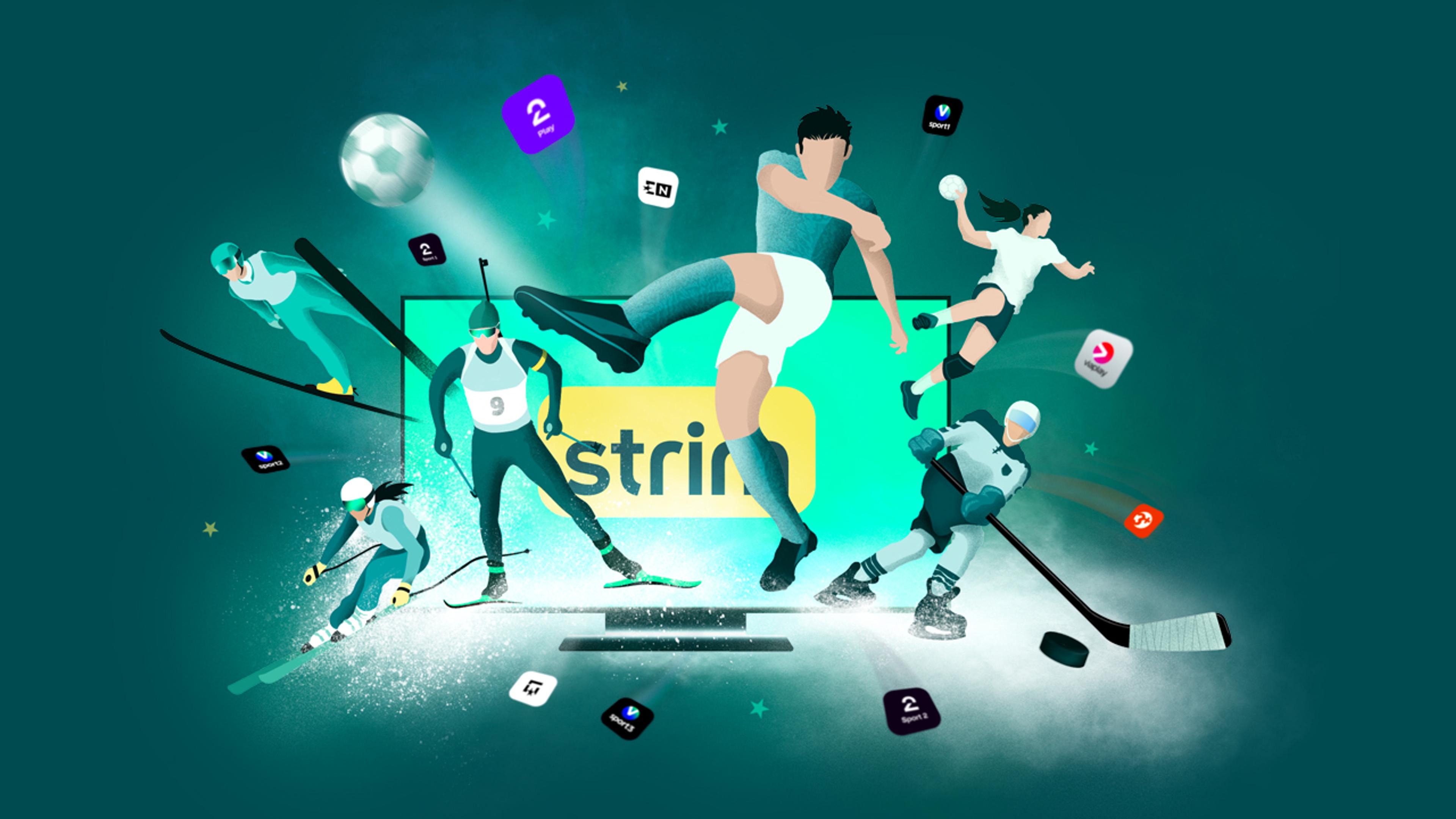 Illustrasjon av TV-skjerm med Strim-logo og illustrerte figurer som representerer ulike sportsgrener kommer ut av skjermen.