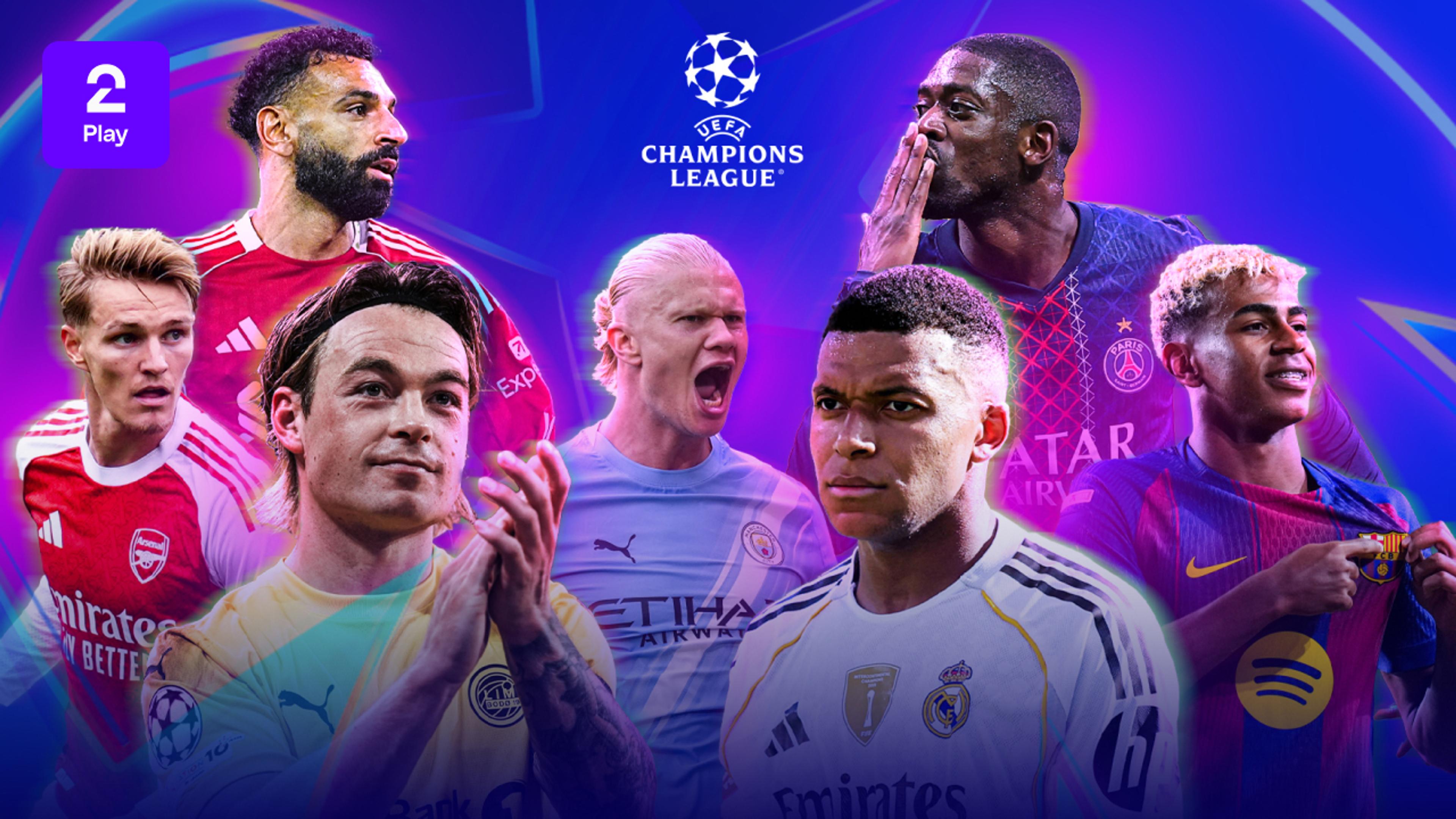 Posterbilde med et stort utvalg spillere fra årets Champions League-sesong. Alle kampene ser du på TV 2 Play med Strim.