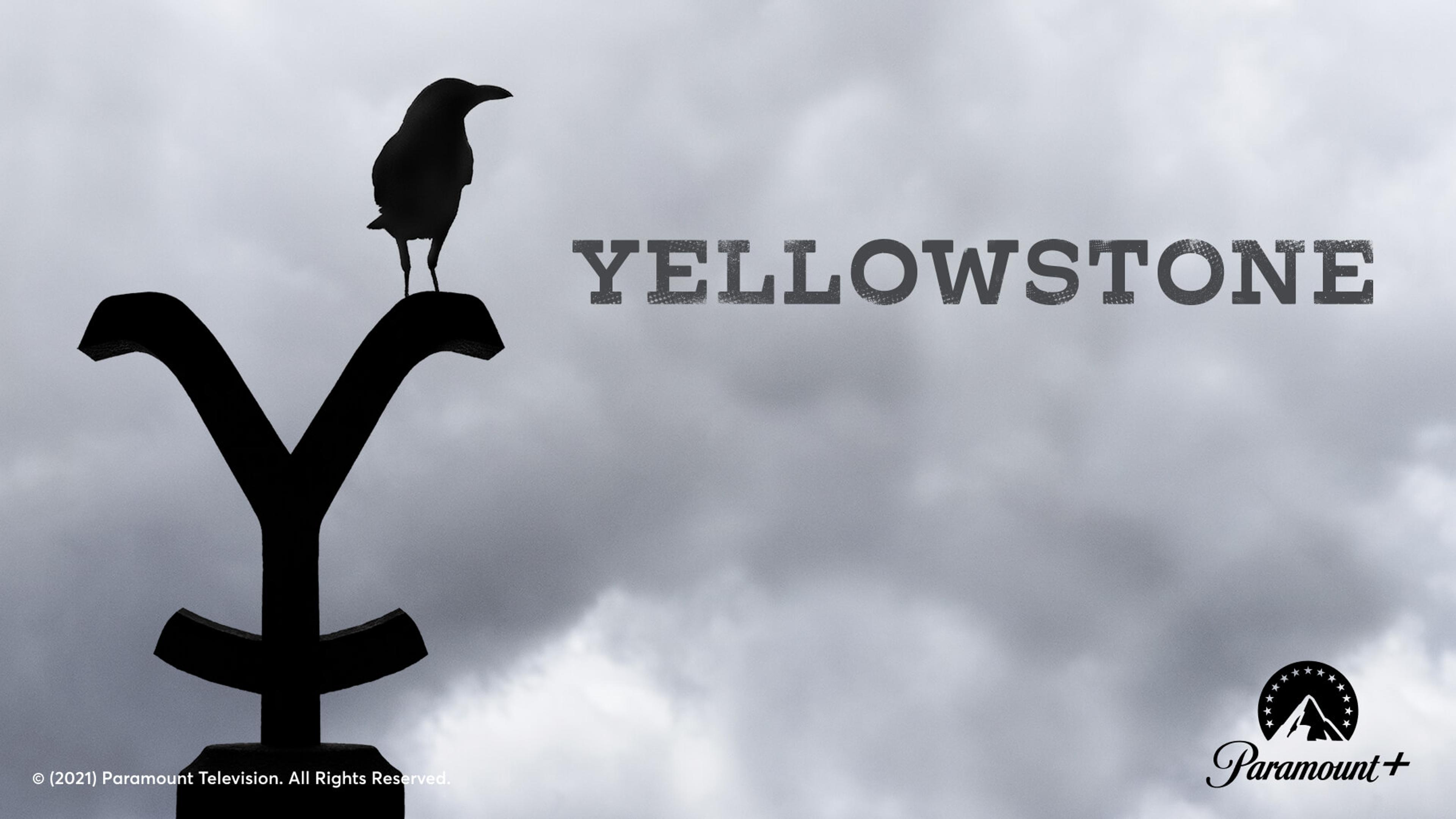 Siluett av kråke på toppen av en Y med gråe skyer i bakgrunnen. Yellowstone fra Paramount+ via Strim.