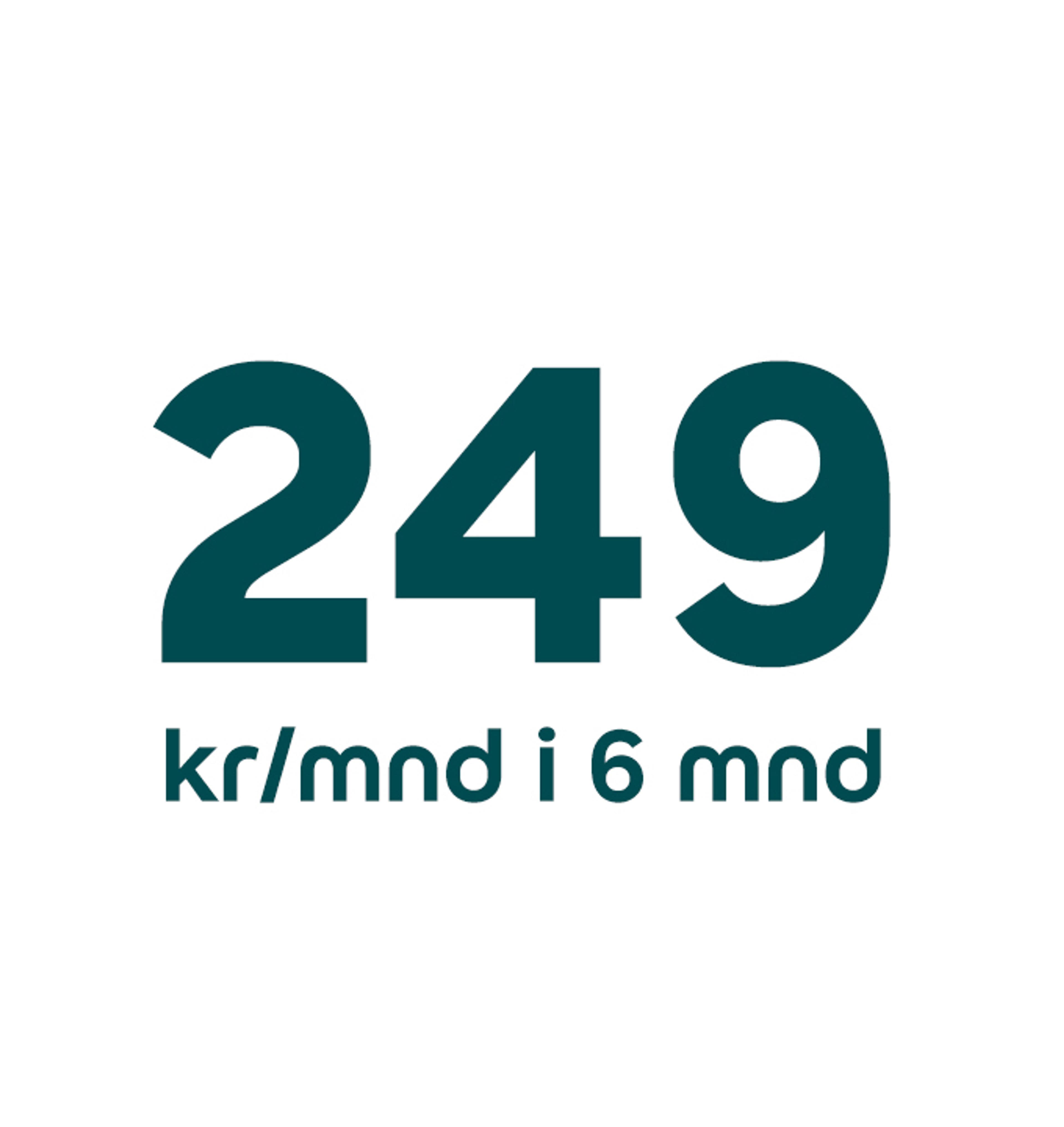 Store tall med 249 på hvit bakgrunn med kr/mnd i 6 mnd skrevet i mindre skrift under.