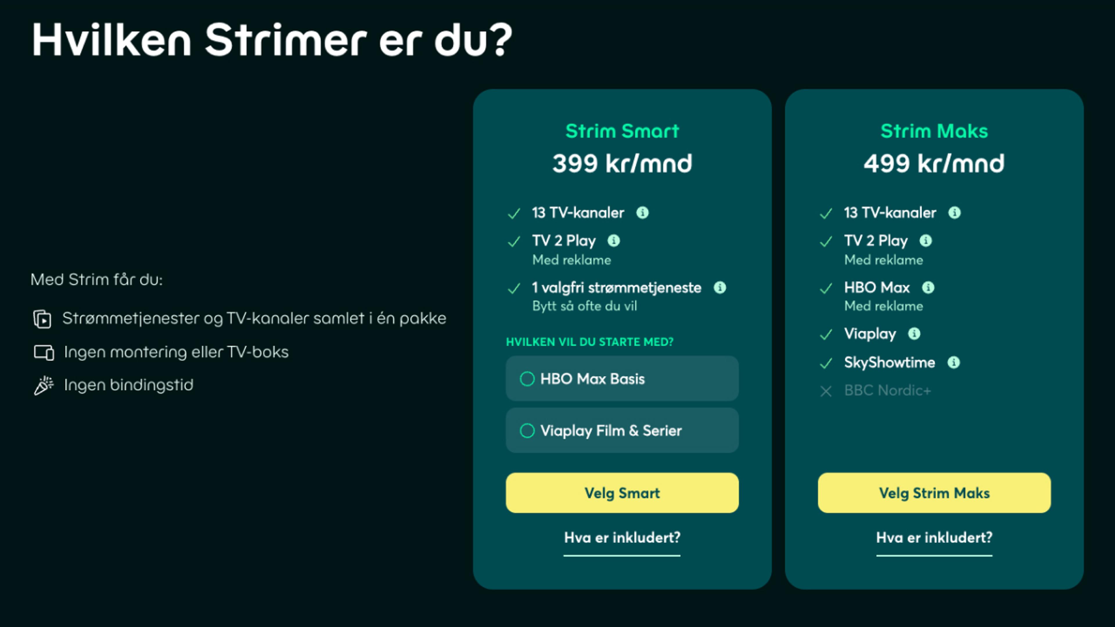 Skjermbilde av TV-pakkene til Strim.
