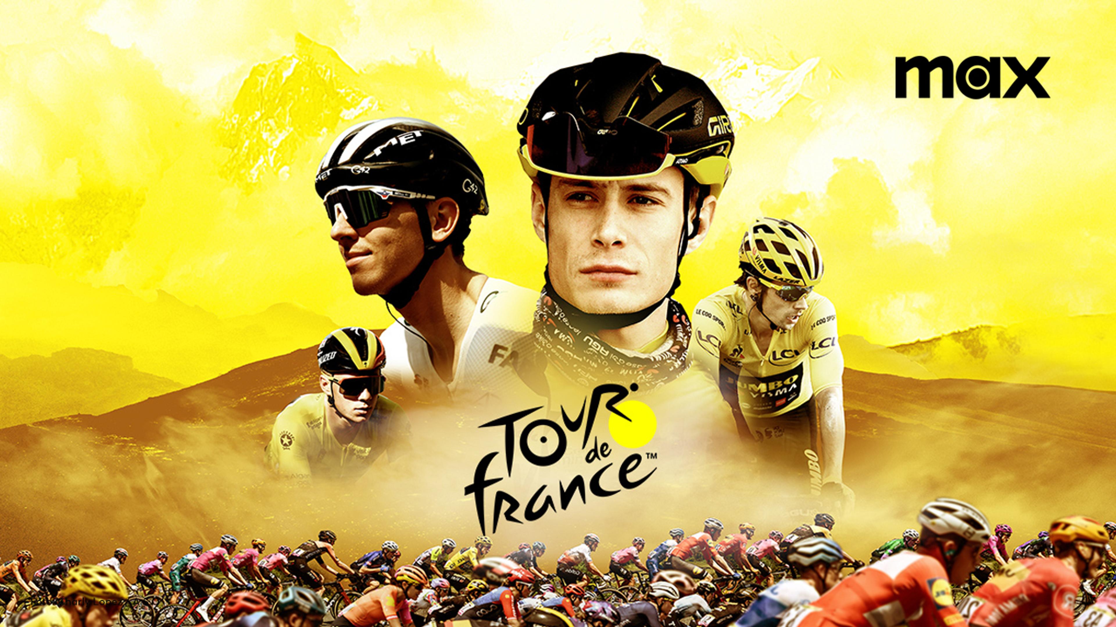 Tour de France logo på gul bakgrunn med masse syklister i forgrunnen.