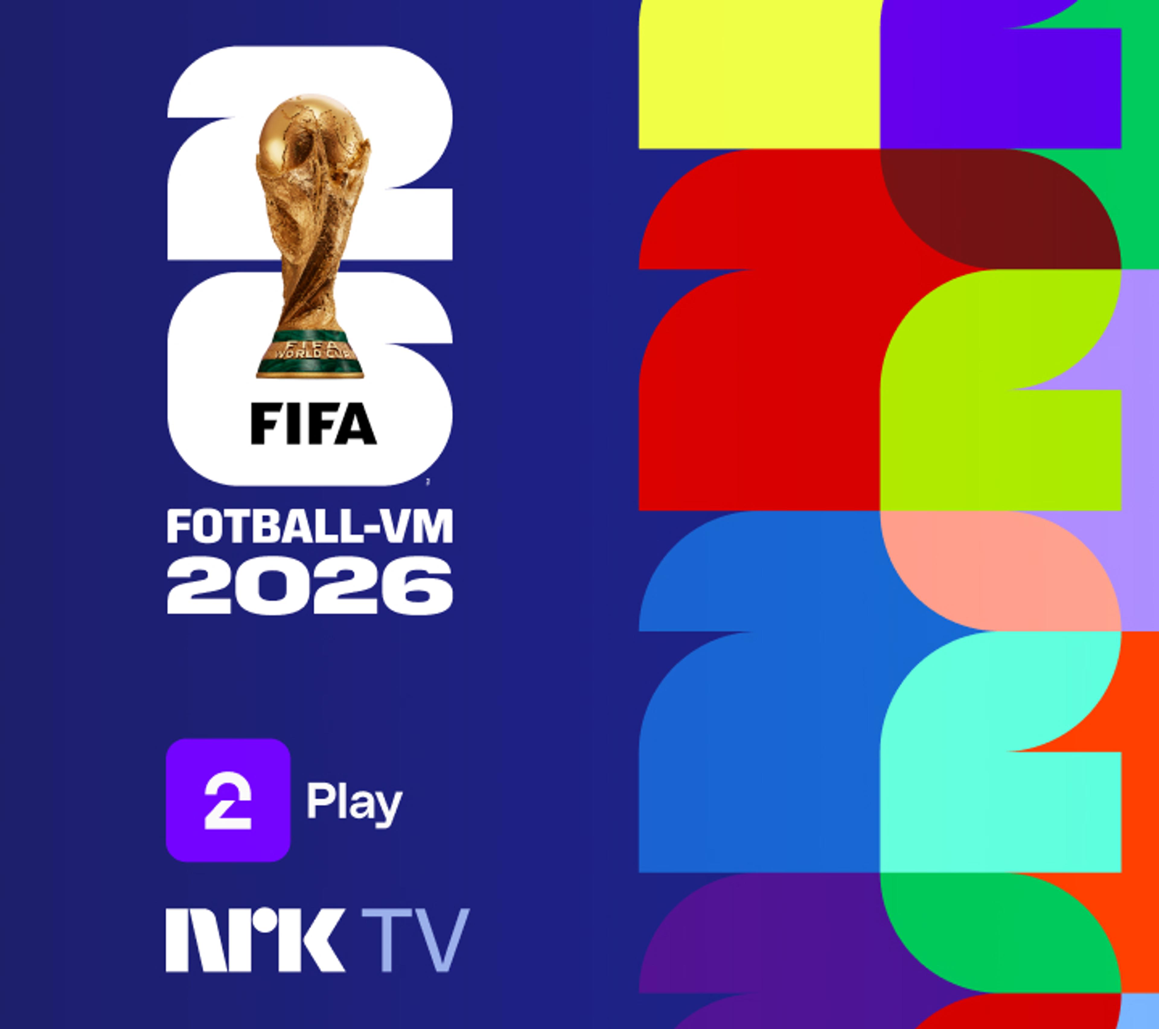 Pokalen for fotball-VM 2026 med fargene for fotball-VM i bakgrunnen.
