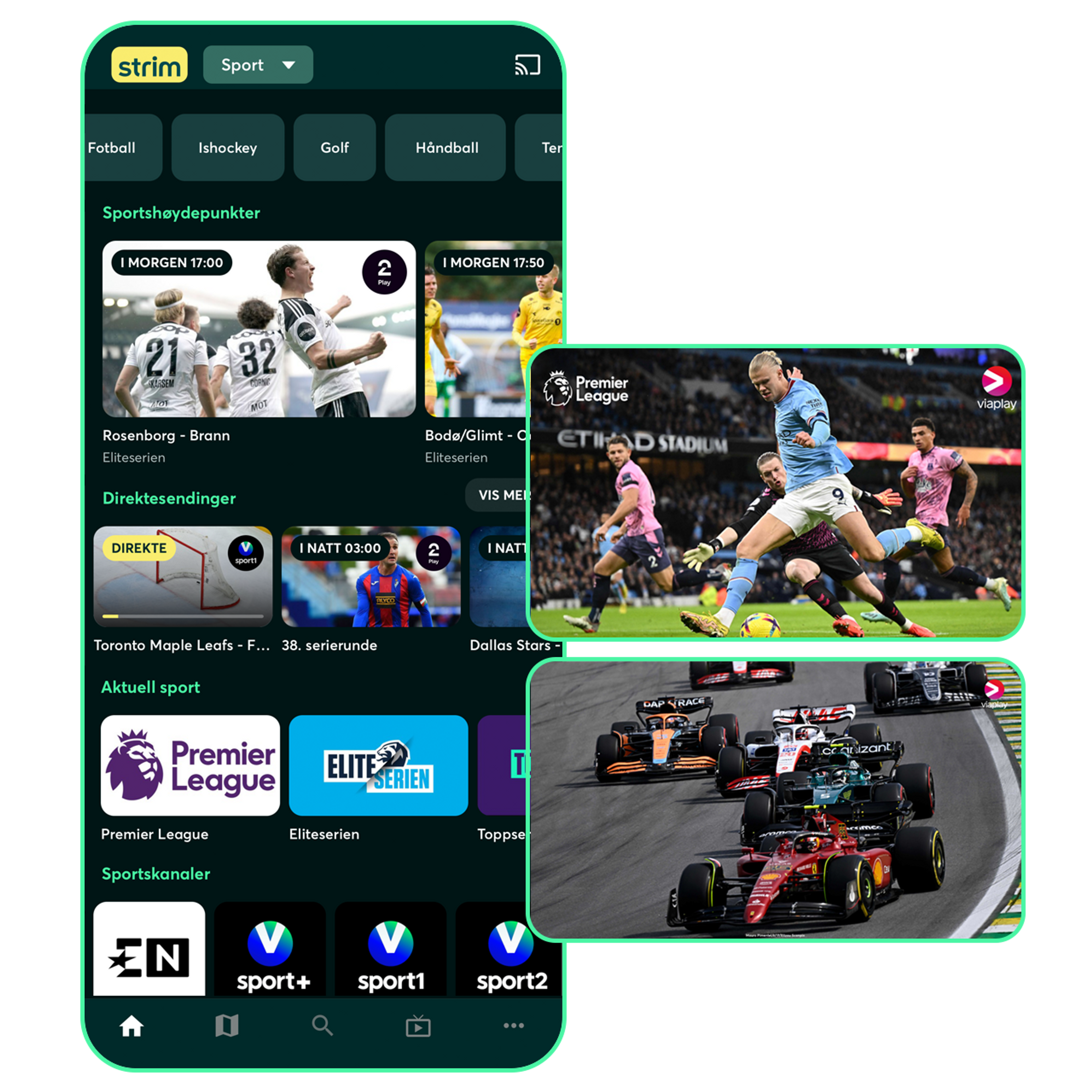 Strim-appen på en mobil med sportsinnhold synlig i appen.