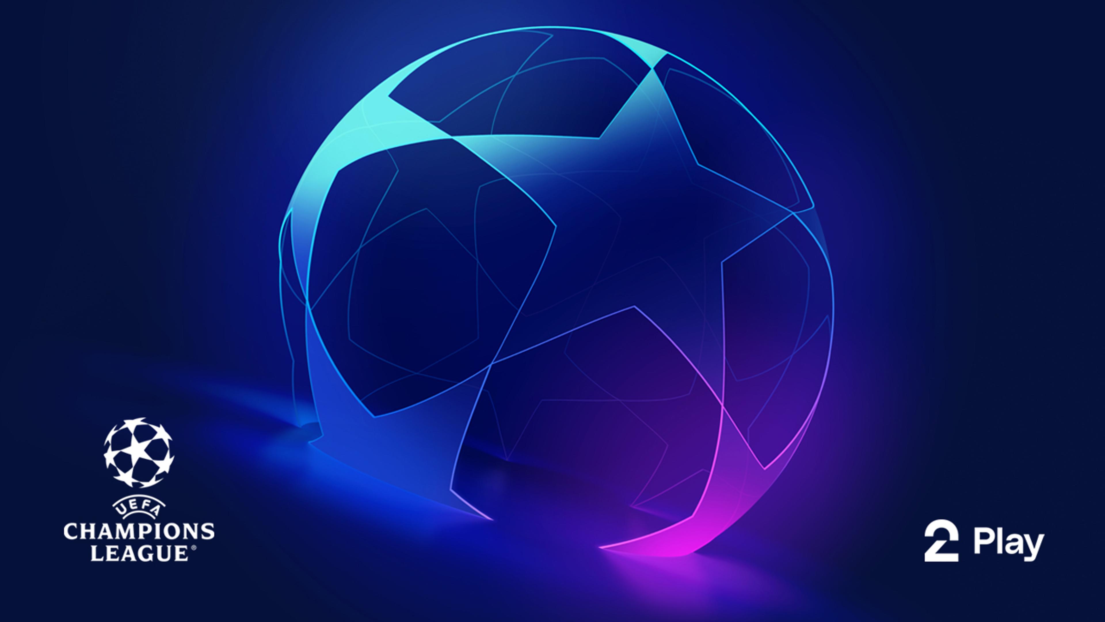 En minimalistisk representasjon av en fotball står midt i bildet. Den gløder i blå og lilla toner. Champions League og TV 2 Play logoen i forgrunnen.