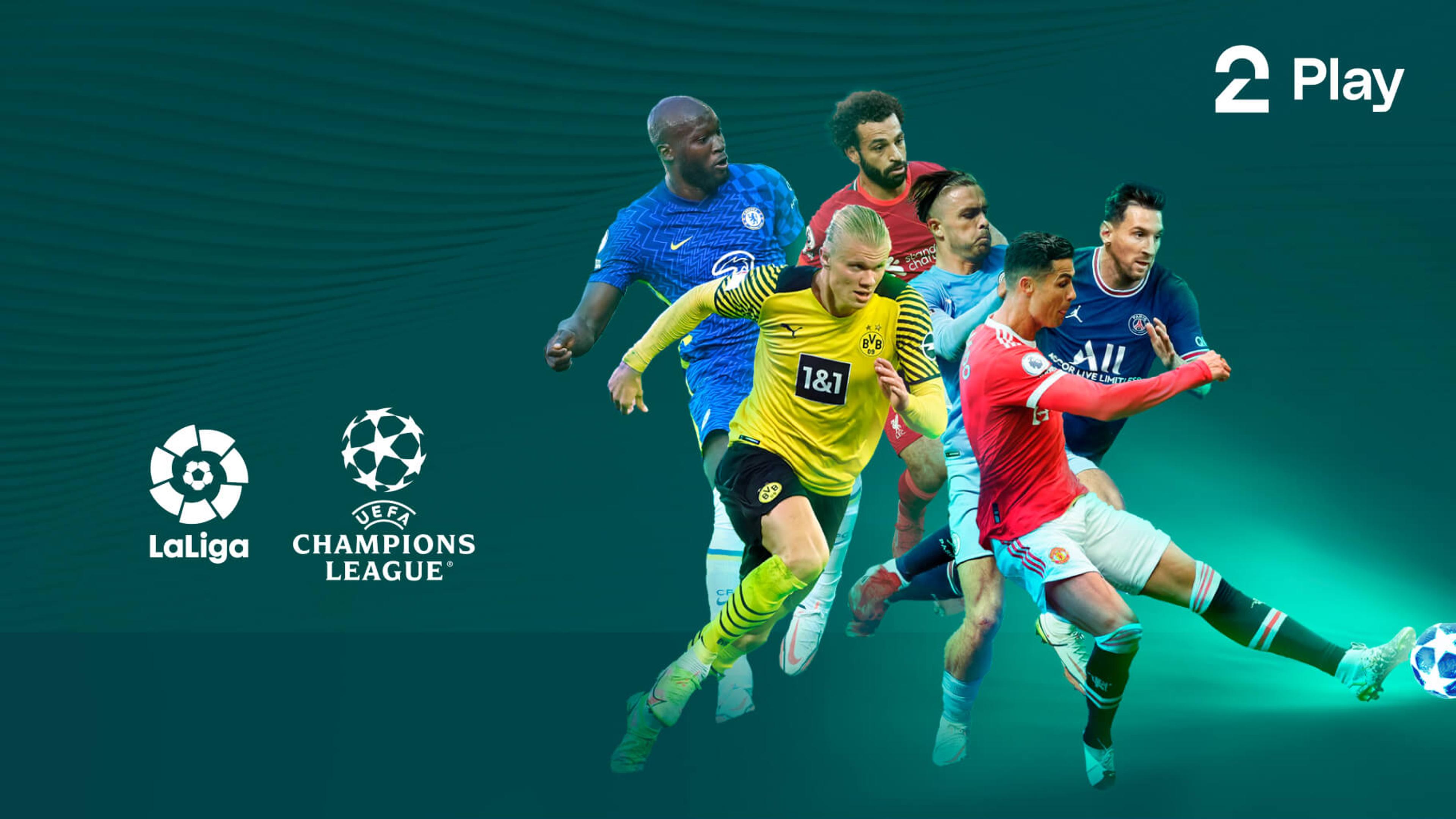 En kollage av de mest kjente profilene fra Champions League på grønn bakgrunn. Se Champions League med Strim.