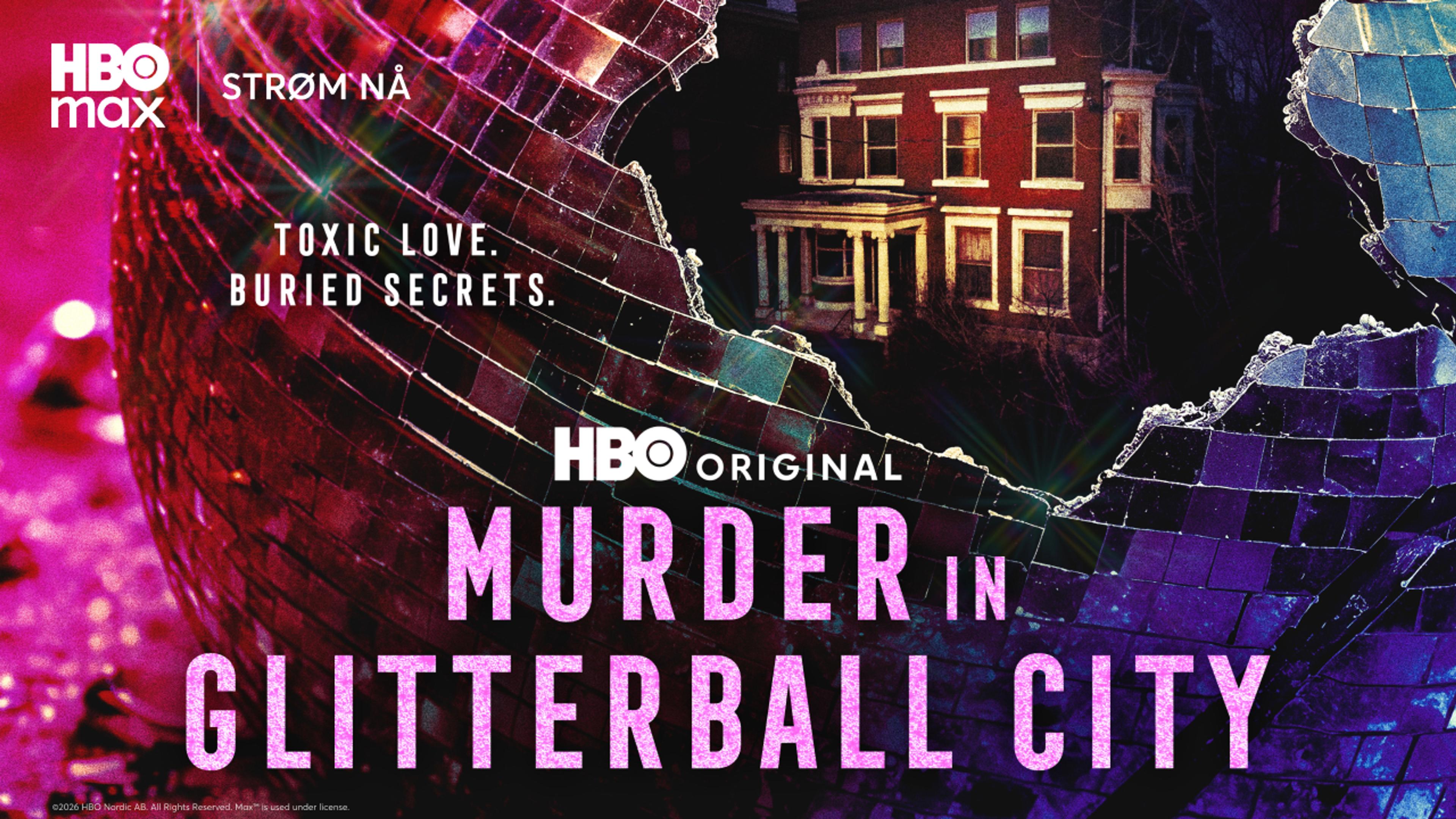 Grafikk for serien Murder in Glitterball City som du ser på HBO Max med Strim.