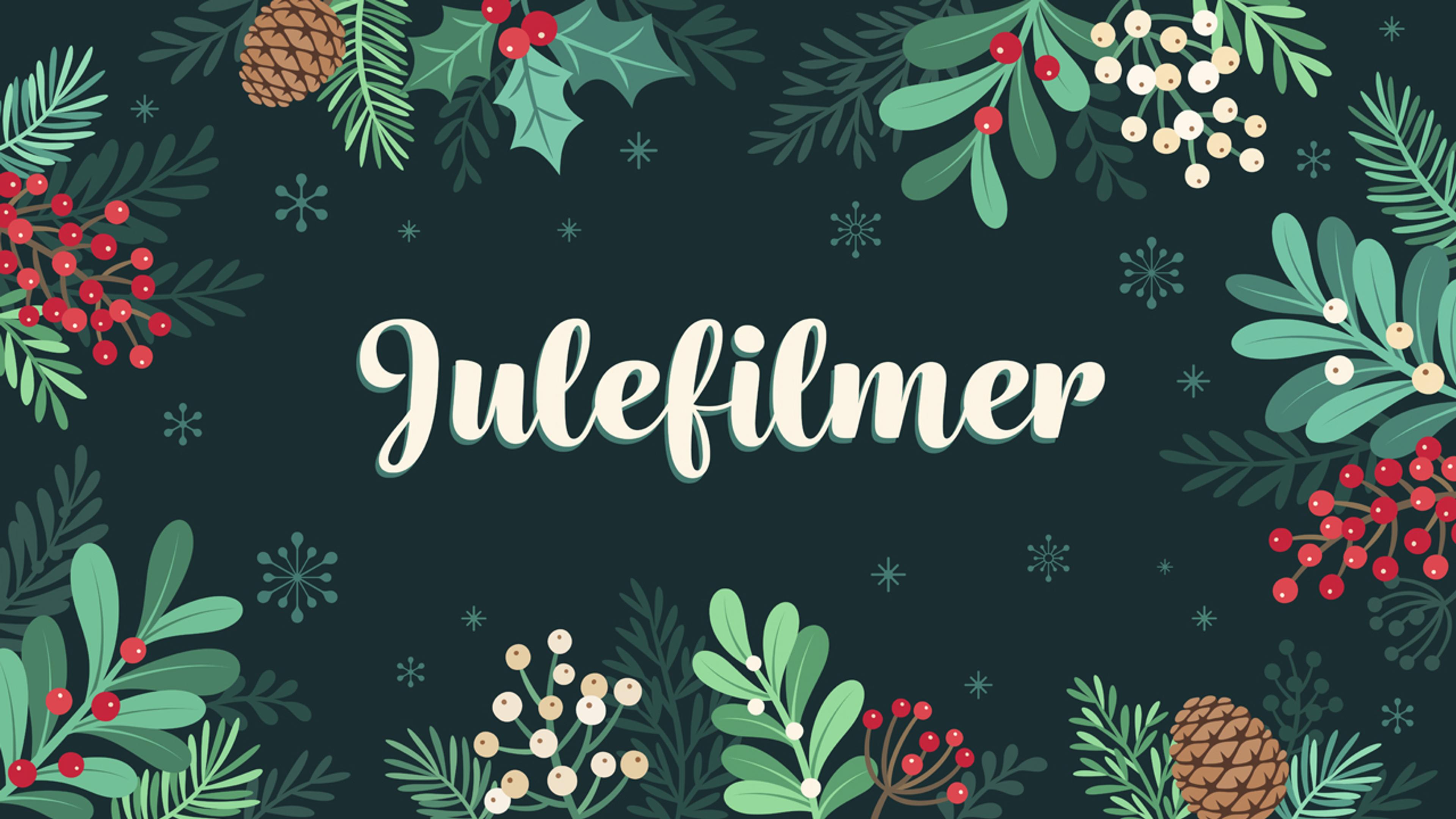 Illustrasjon av en julekrans som ligger rundt tekst som sier Julefilmer.