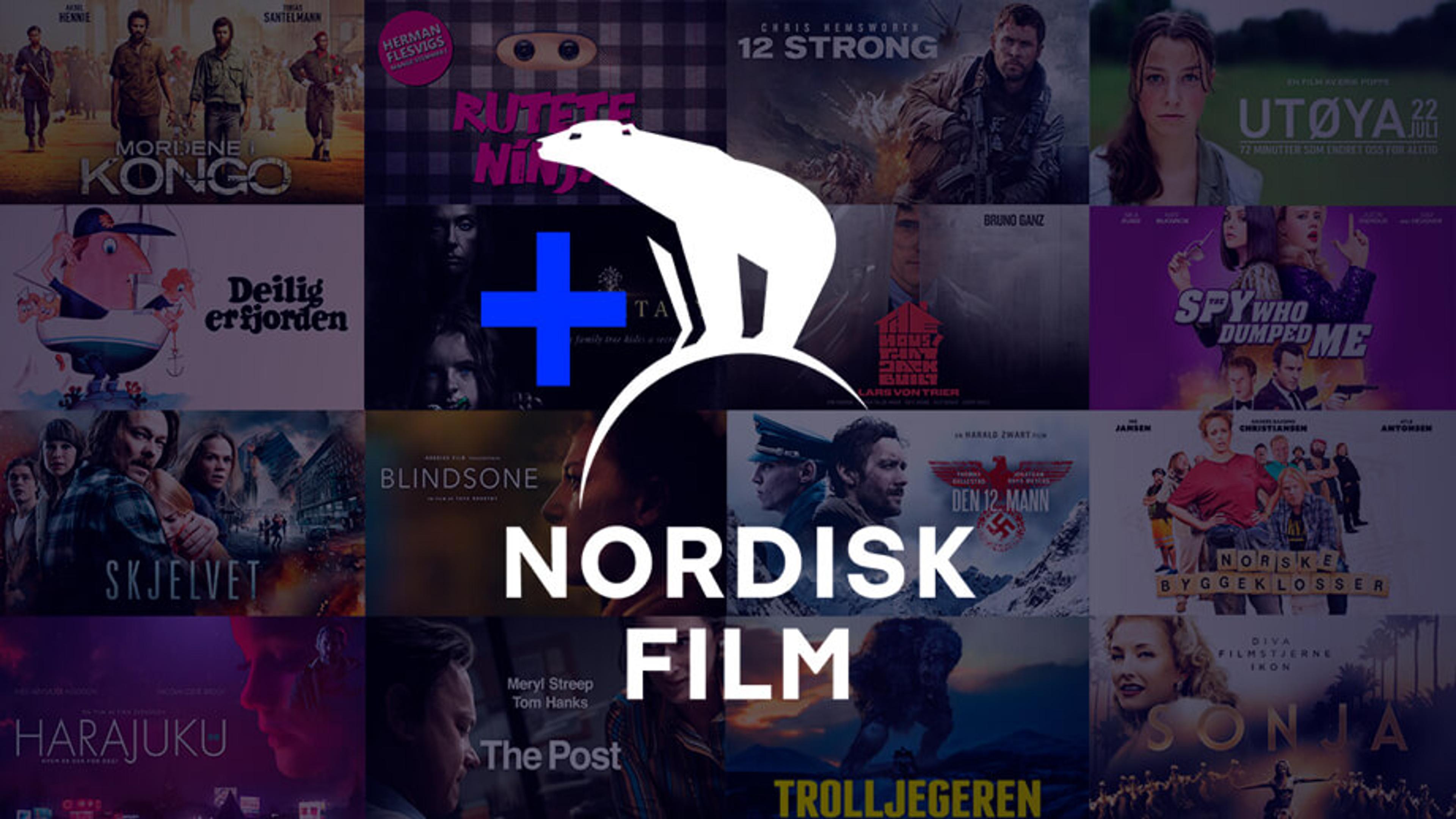 Collage av nordiske filmer med logoen til Nordisk Film+