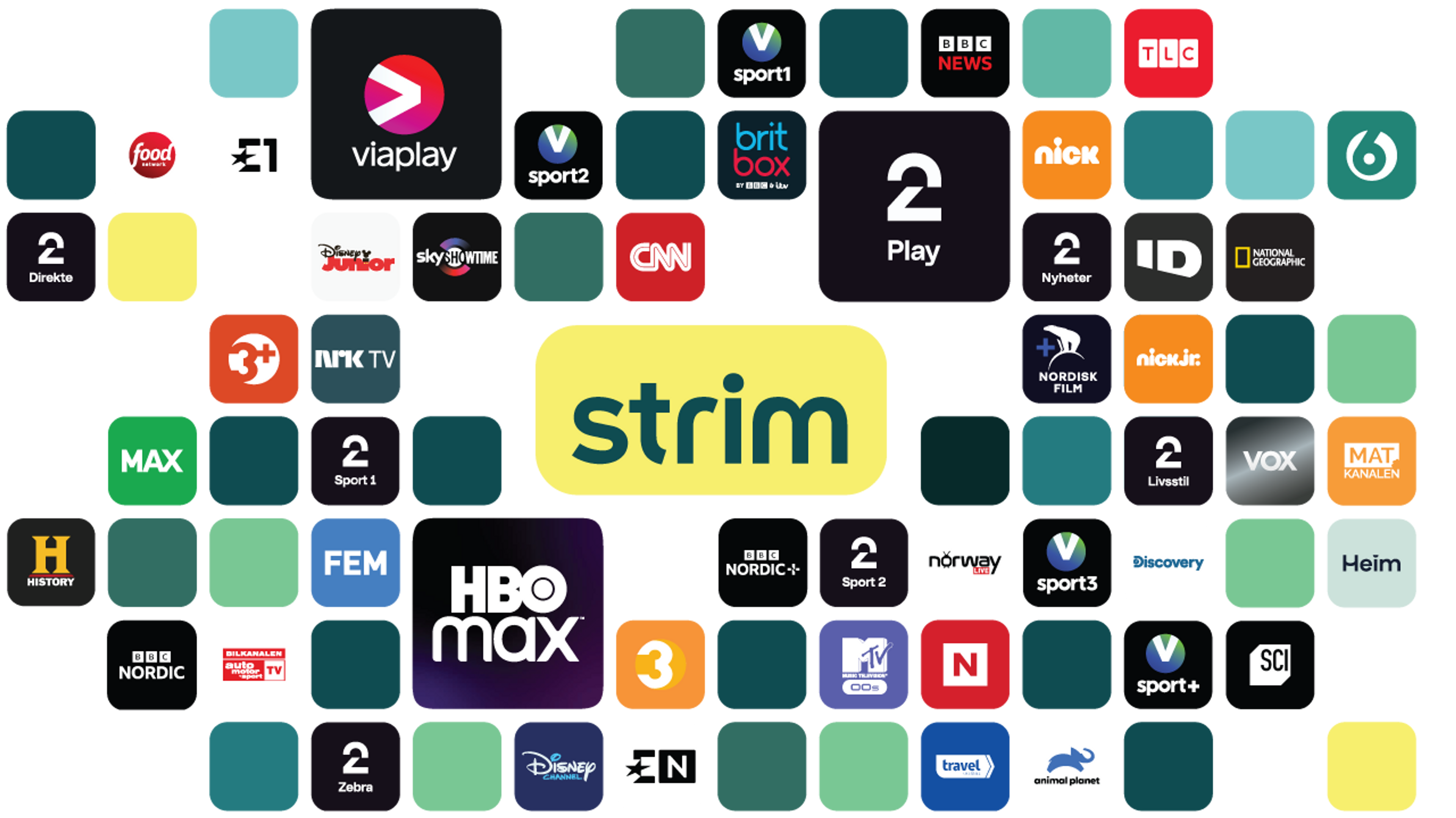 Strim logo omringet av et utvalg TV-kanaler, sportskanaler og strømmetjenester.