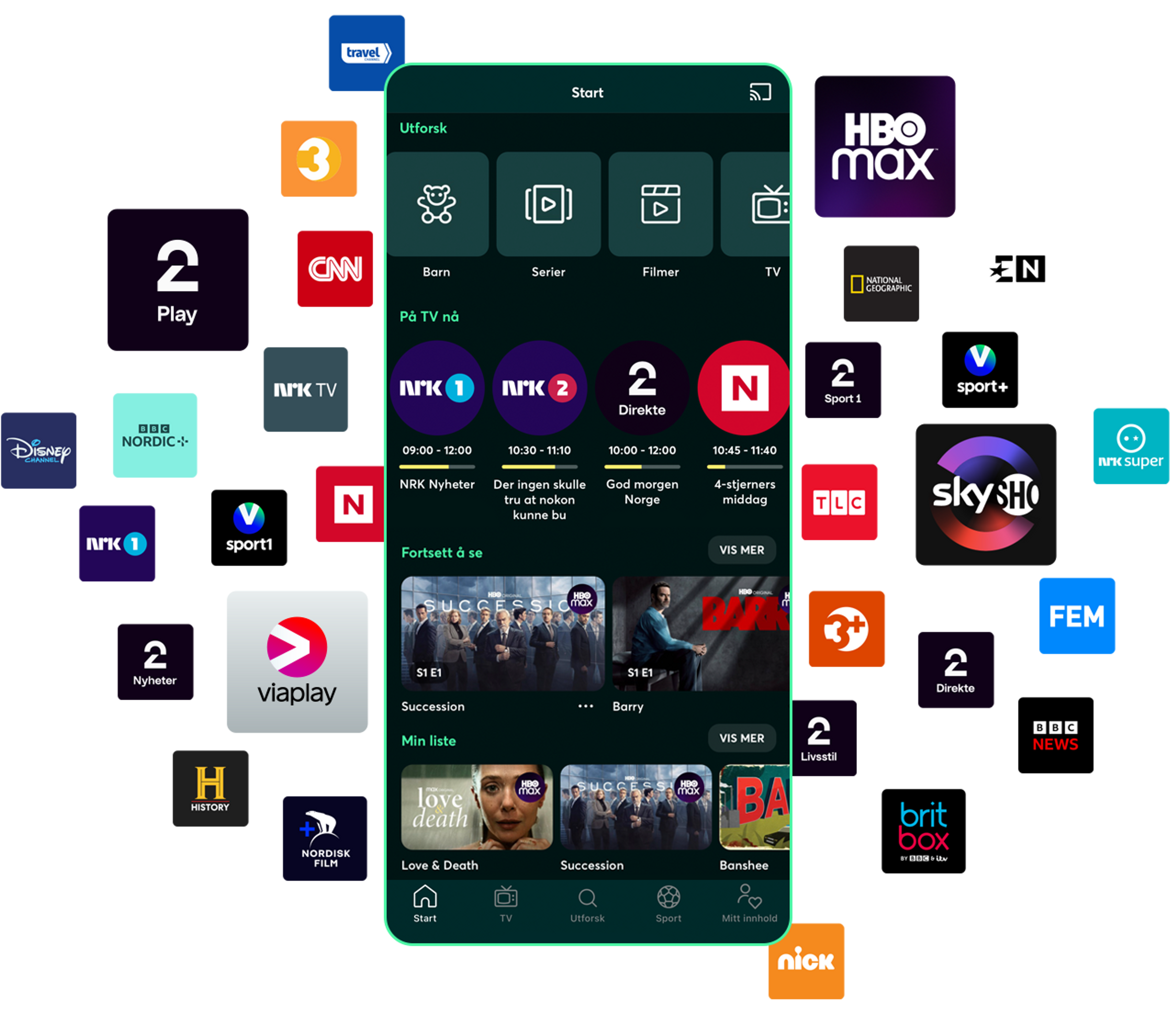 Mobiltelefon med Strim-appen installert og mange logoer for strømmetjenester og TV-kanaler som svever rundt den.
