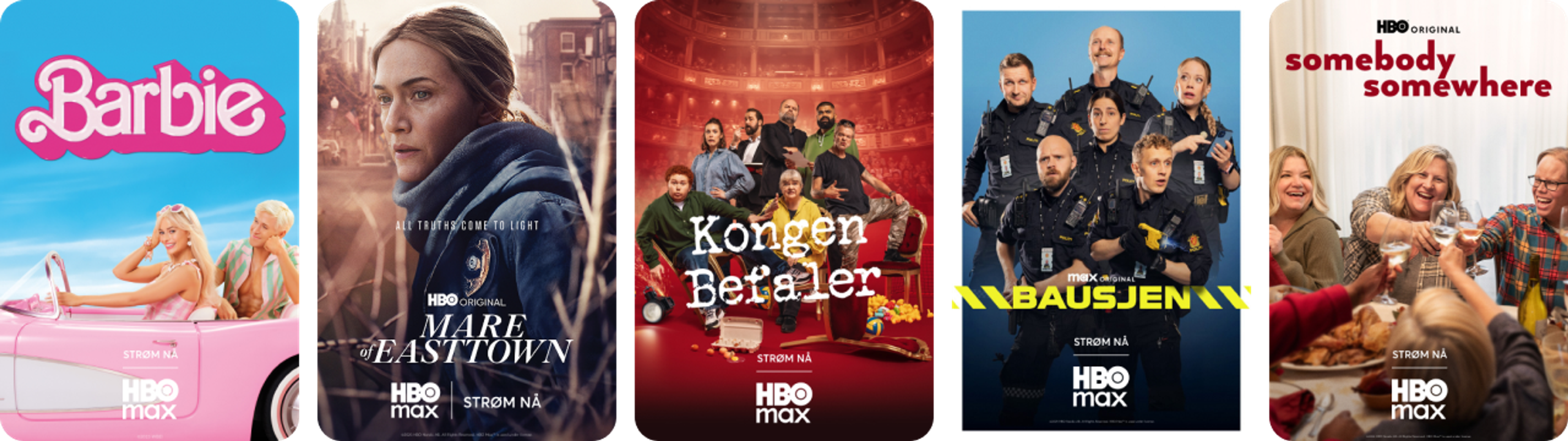 Collage av Max serier og filmer som Barbie, Kongen befaler, Mare of Easttown og BAUSJEN.