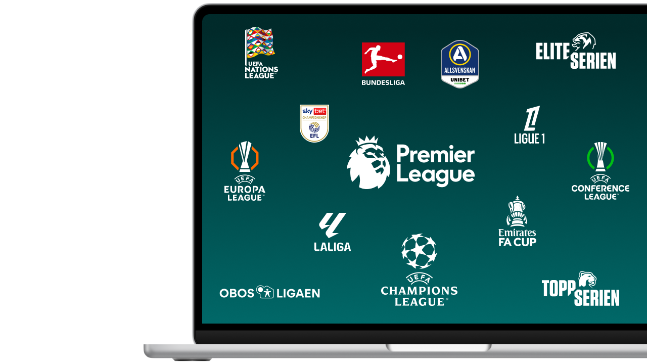 En laptop med logoer for alle fotballigaene du får med Strims sportstillegg.