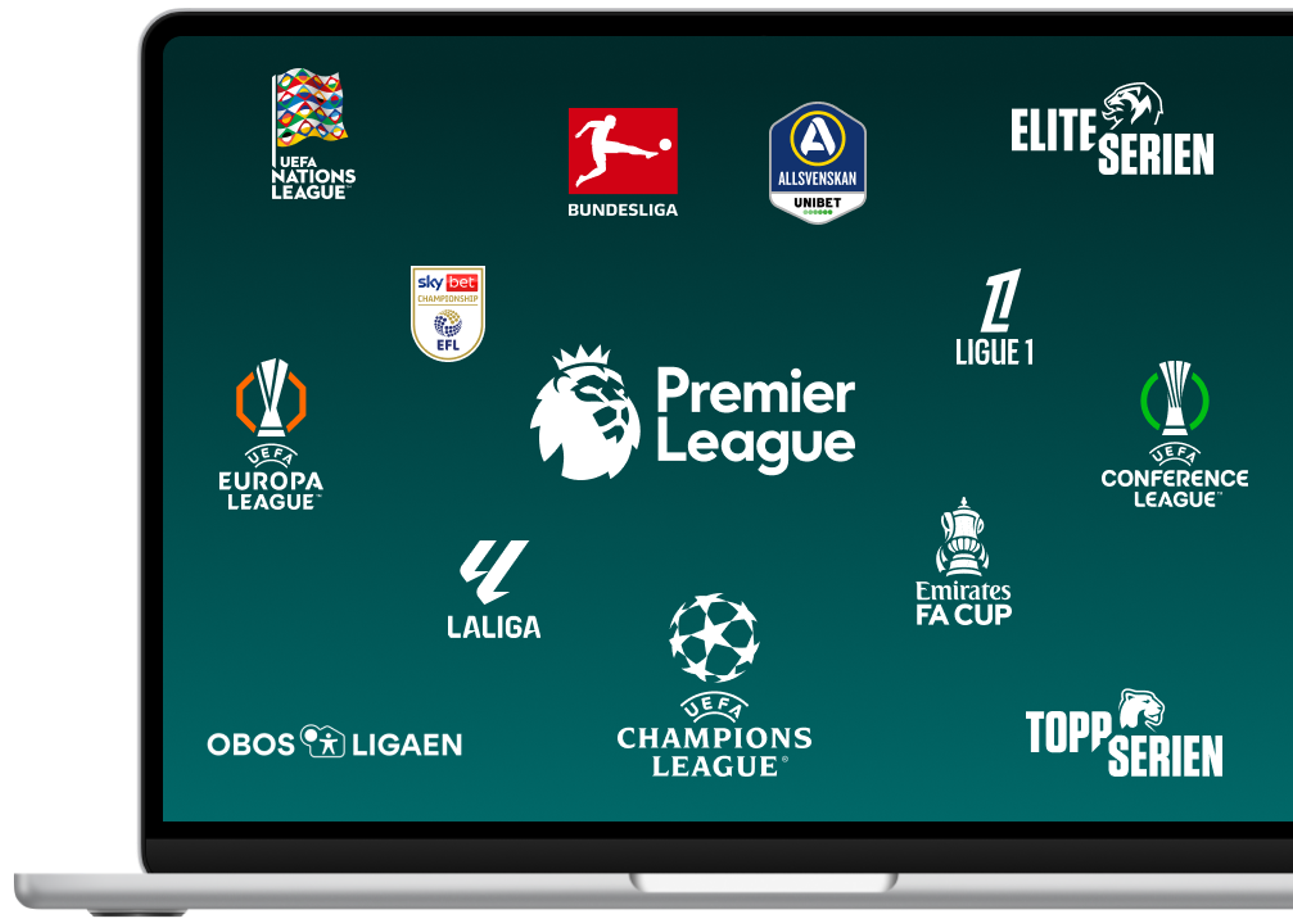 En laptop med logoer for alle fotballigaene du får med Strims sportstillegg.