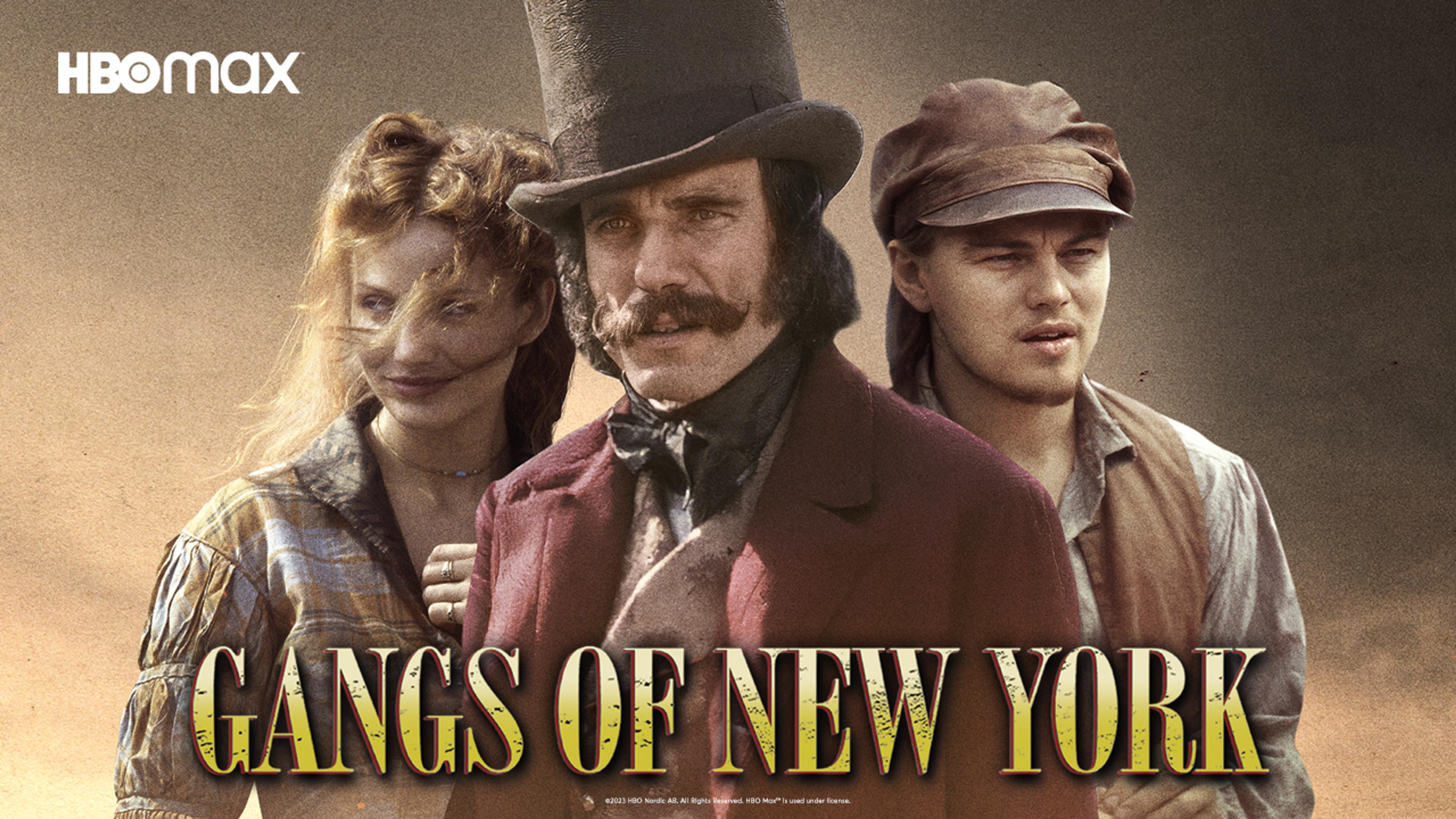 Halvprofiler av to menn og en kvinne i klær fra 1800-tallet. Tittelen Gangs of New York foran.