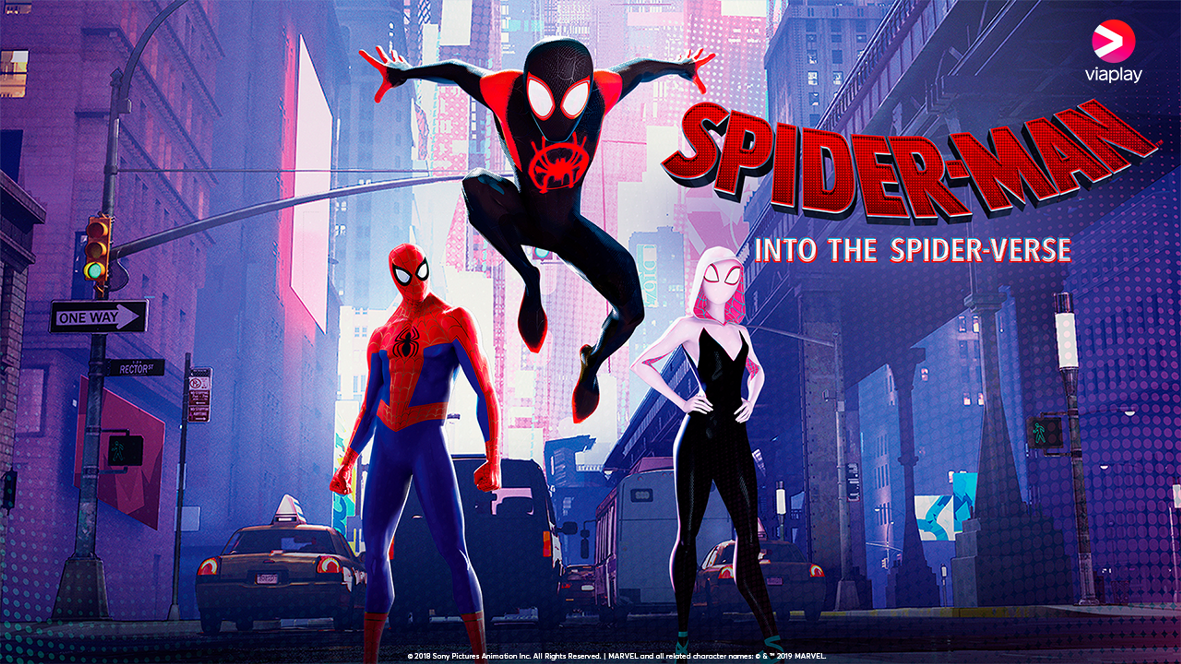 Illustrasjon med tre personer i spiderman drakter. En illustrert by i bakgrunnen.