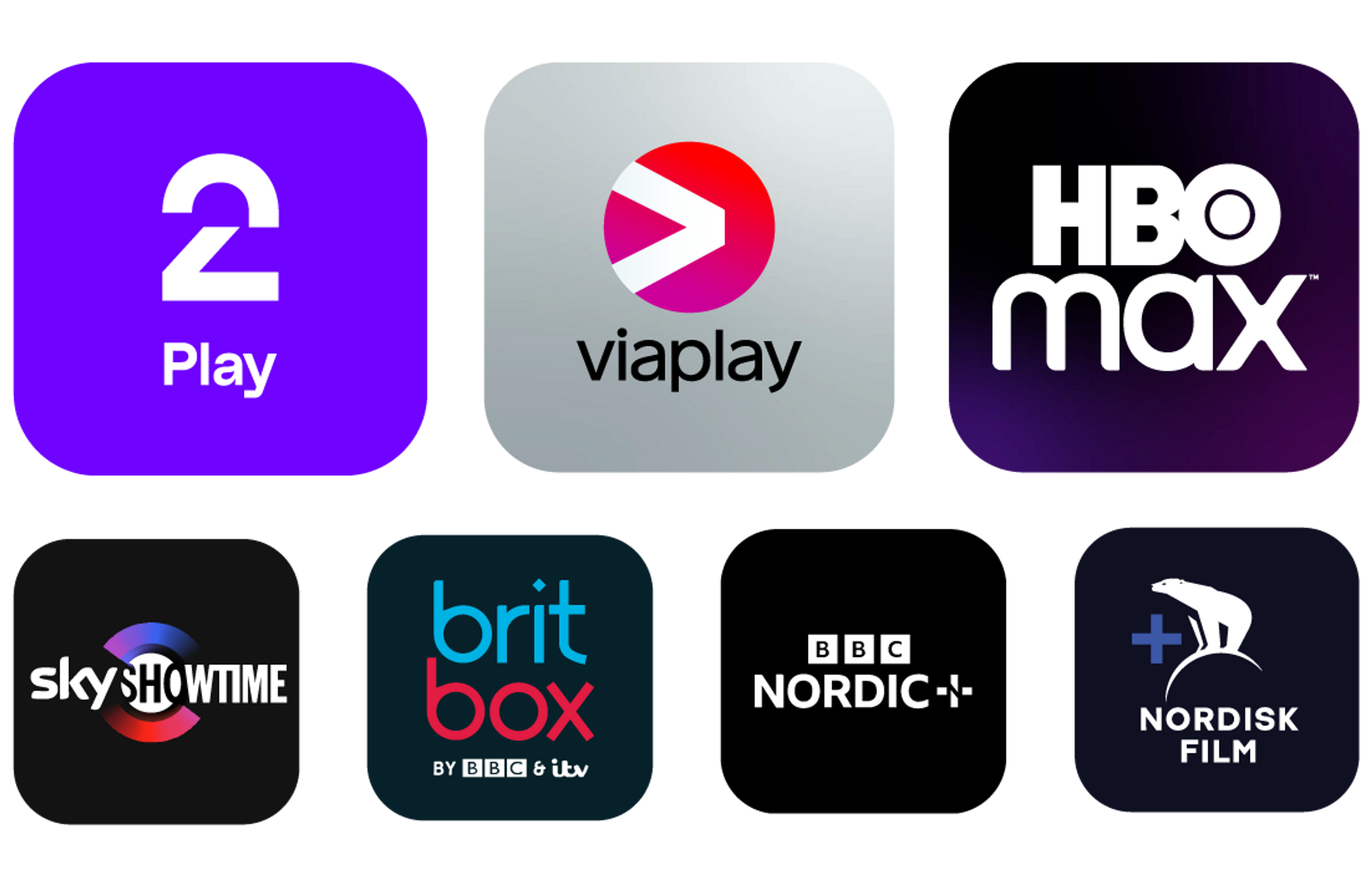 Logo fra Viaplay, HBO Max, TV 2 Play, SkyShowtime, Nordisk Film+ og BritBox.