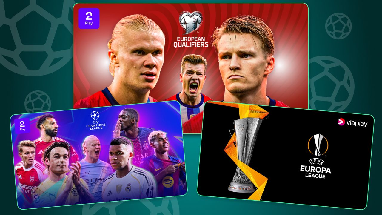 Tre skjermer som viser spillere i Champions League, Europa League og landslaget.