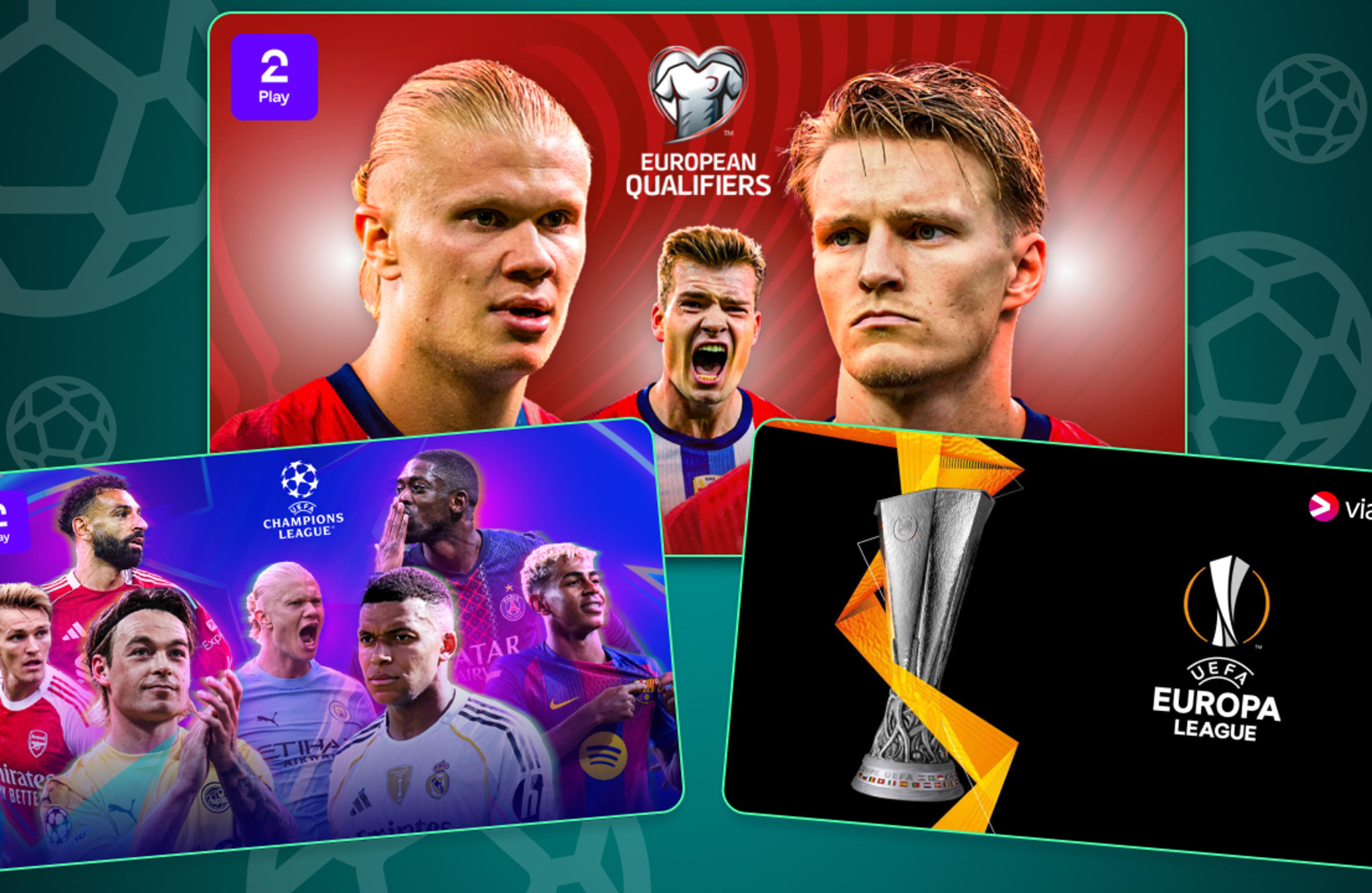 Tre skjermer som viser spillere i Champions League, Europa League og landslaget.