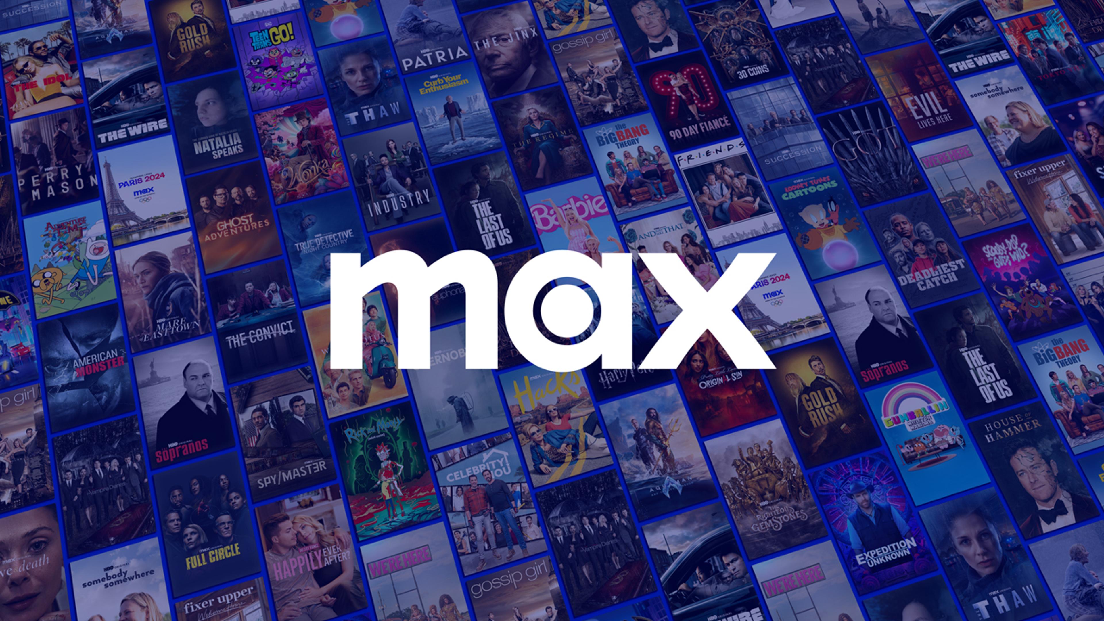 Max logo på en collage av HBO Max og Discovery innholdsbilder.