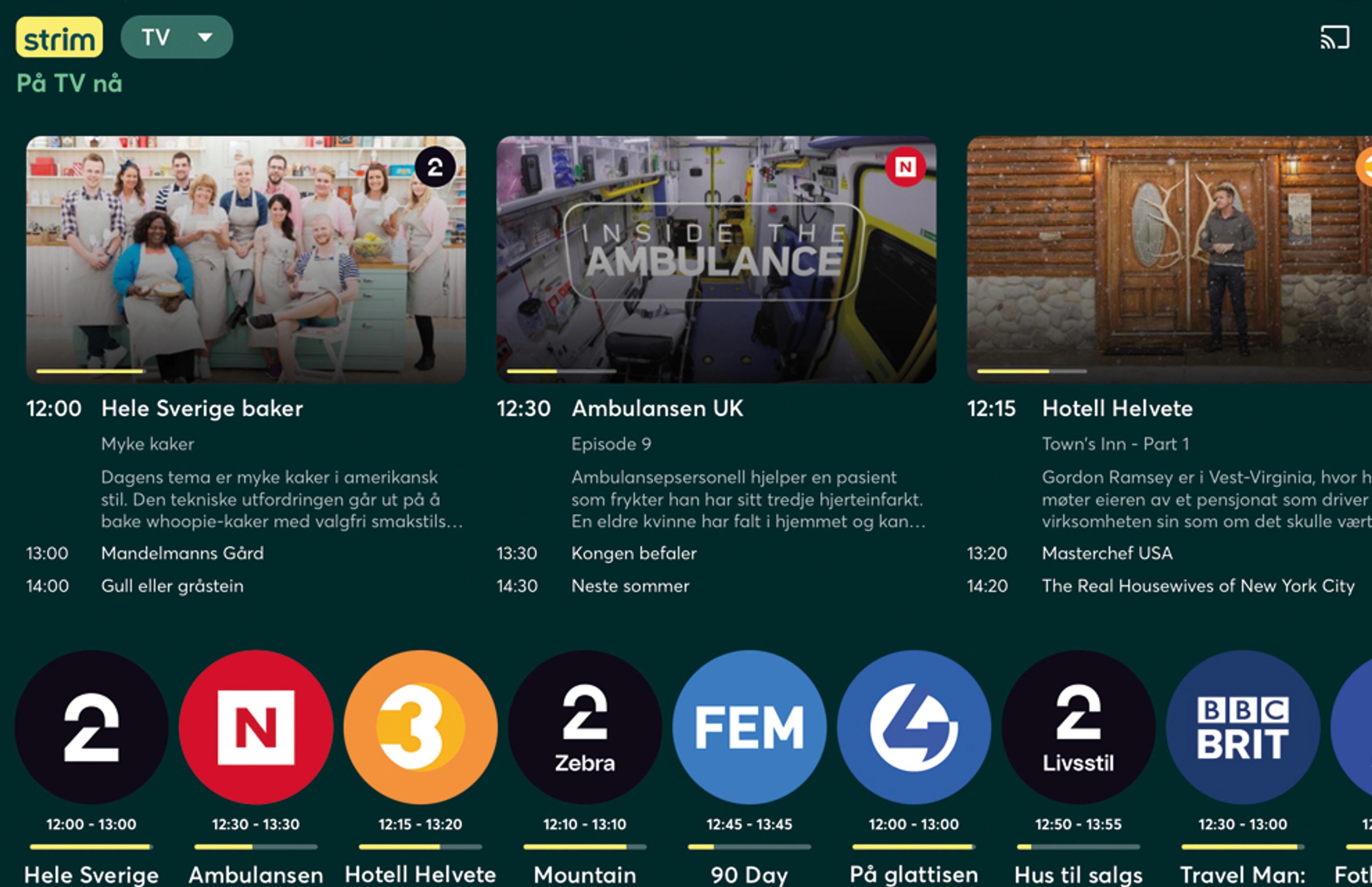 Diverse TV-kanaler frontet i Strim-appen.