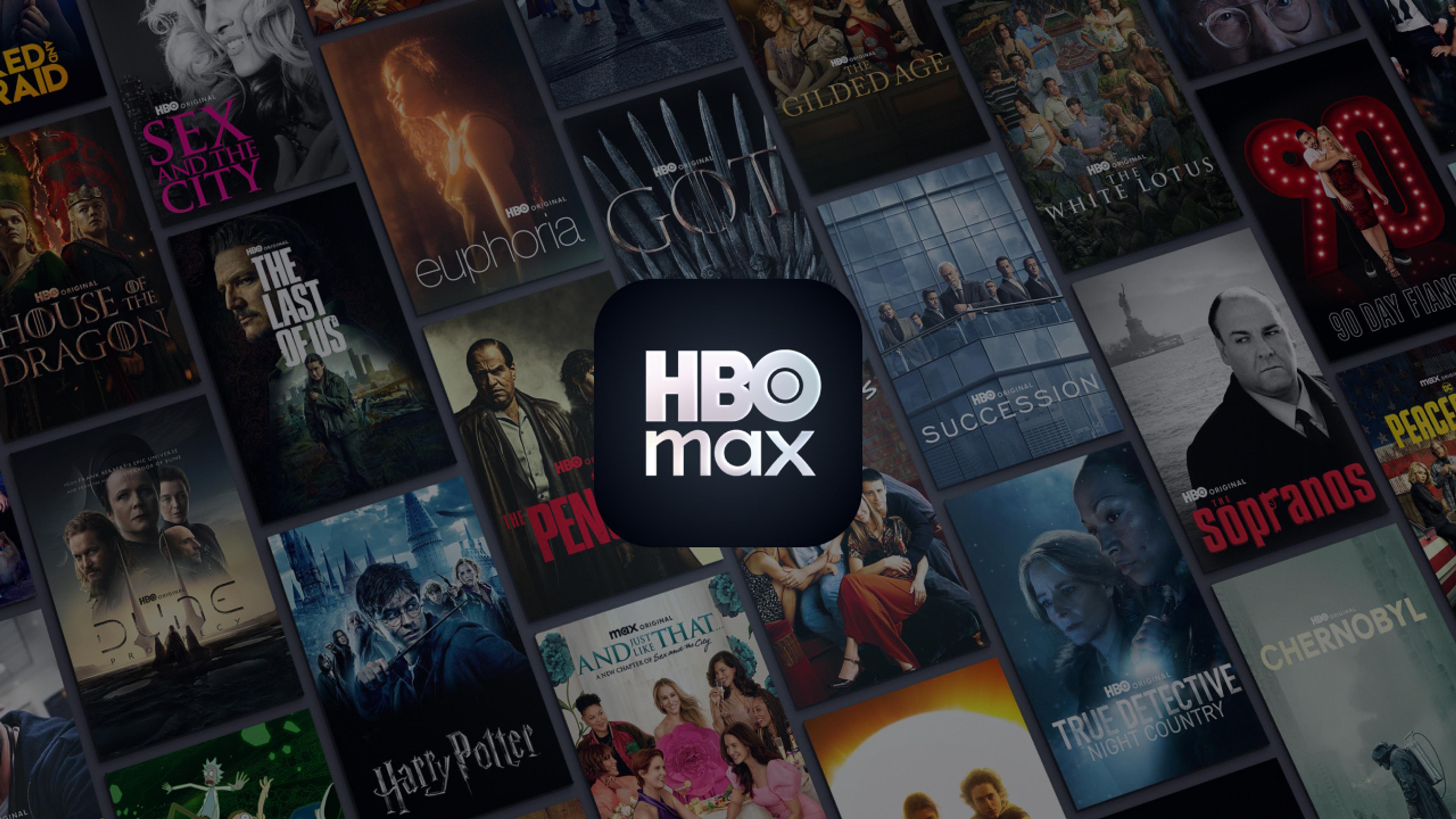 HBO Max collage med logo og kjente titler fra strømmetjenesten.