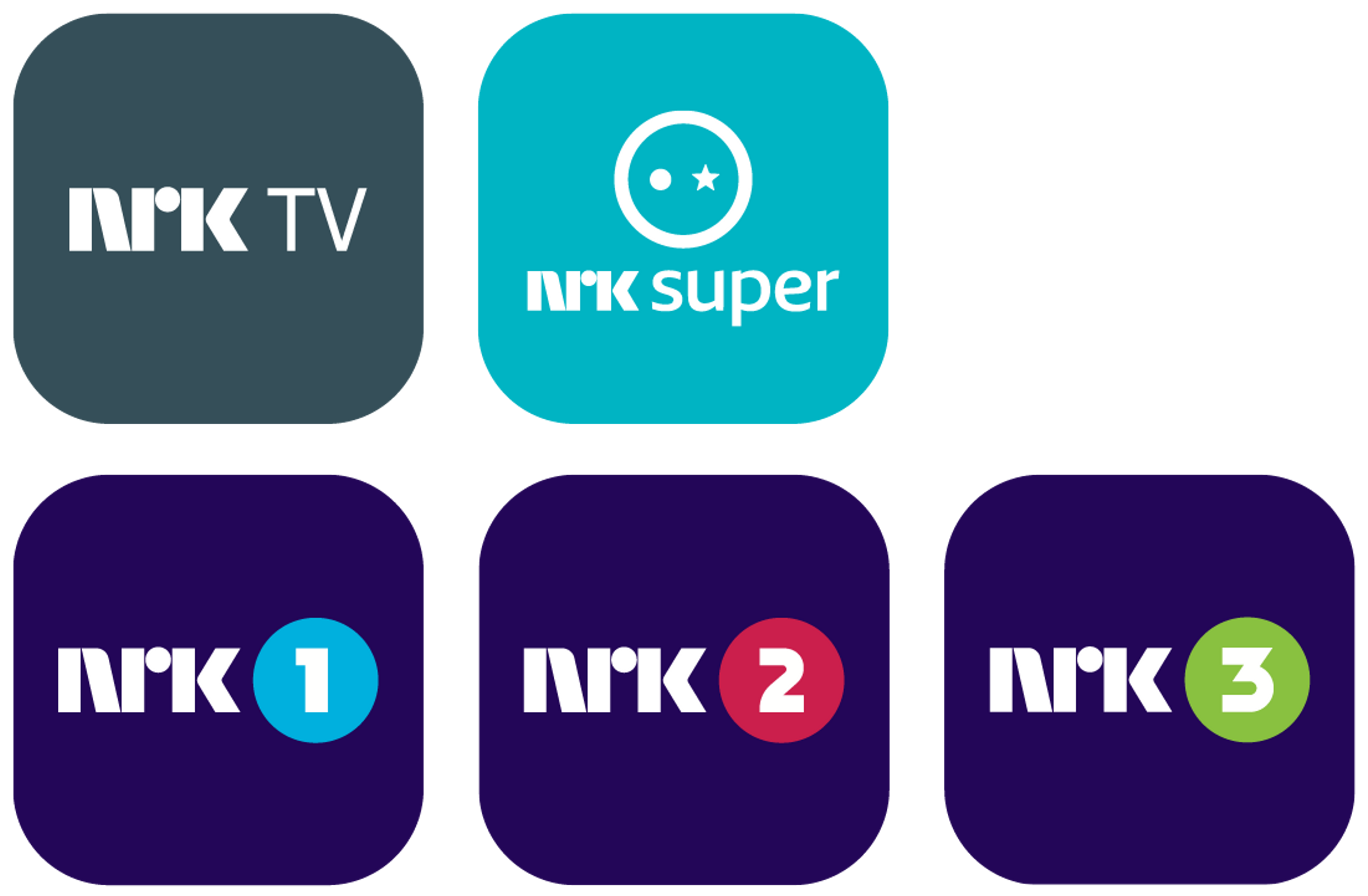 Logo for NRK TV, NRK Supert, NRK 1, NRK 2, NRK 3.