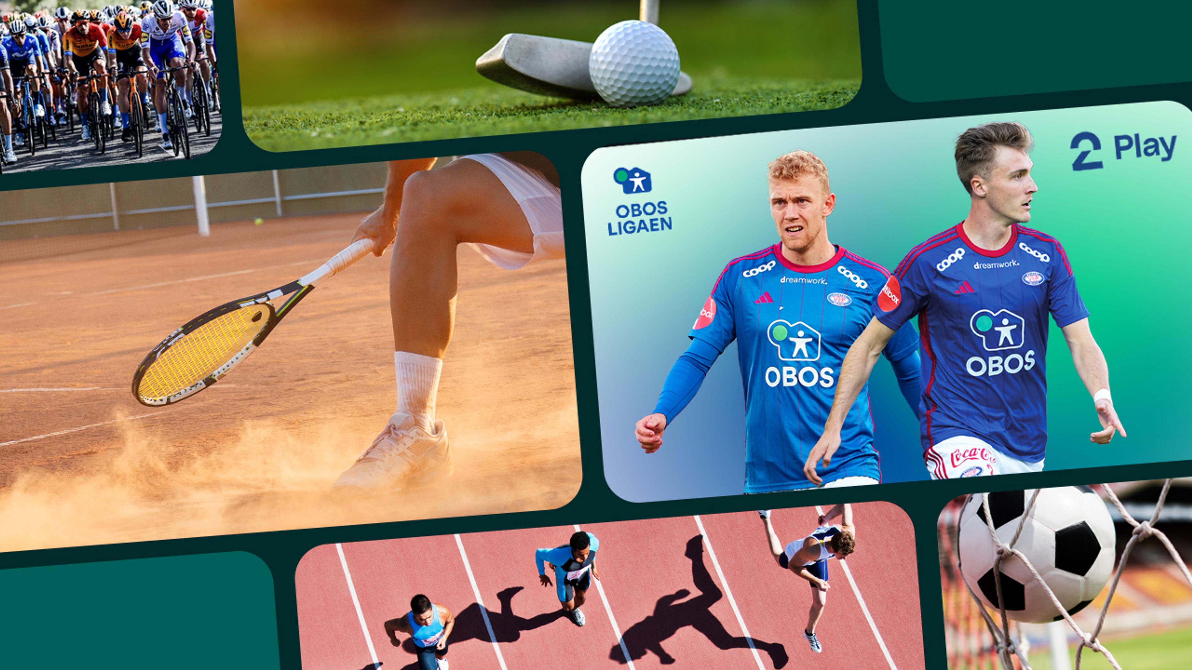 Collage av ulike sportsarrangementer, tennis, sykling, friidrett, golf og OBOS-ligaen.