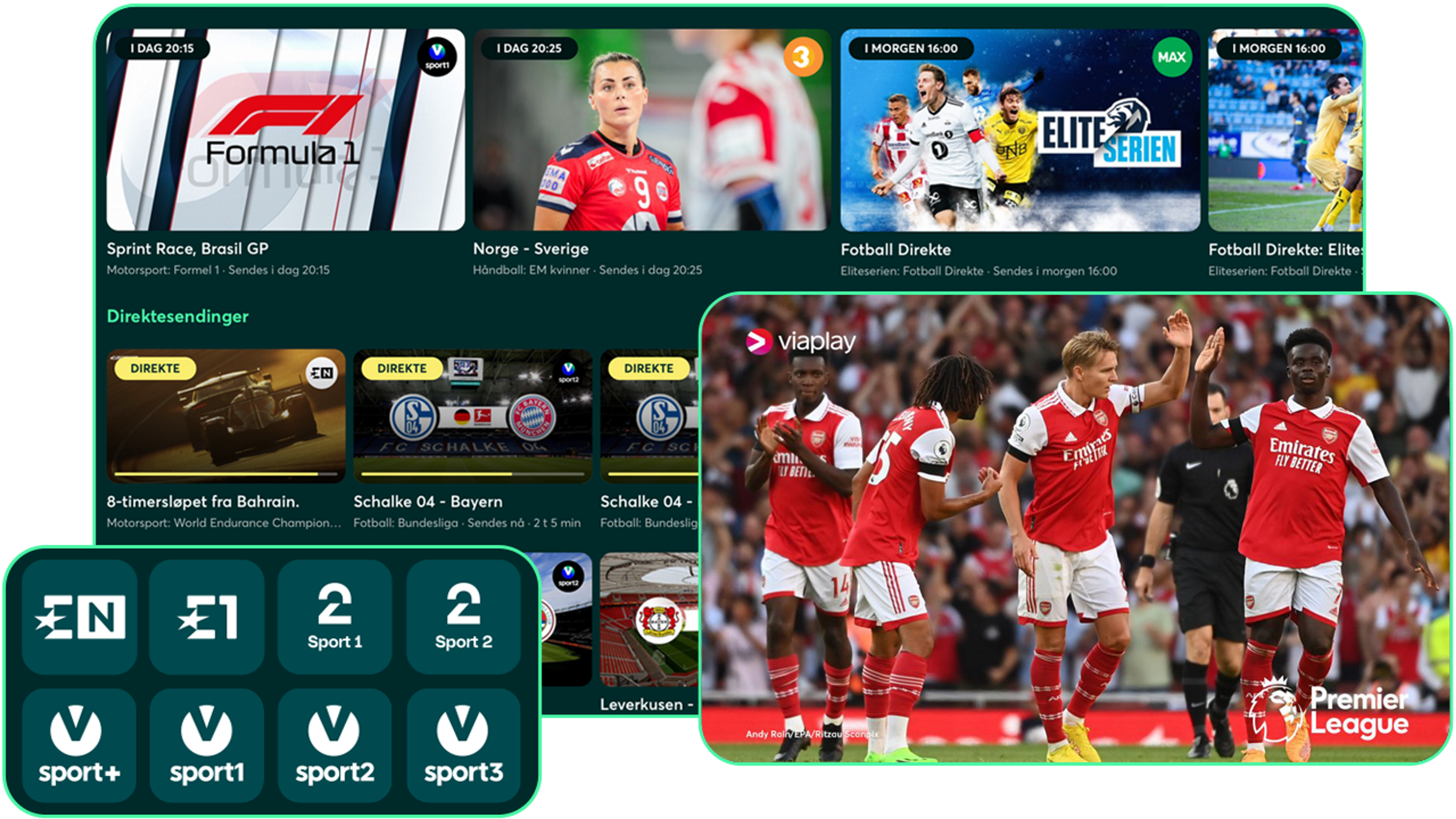 TV-skjerm, mobil og nettbrett som viser bredden av sportsinnholdet Strim-appen har.