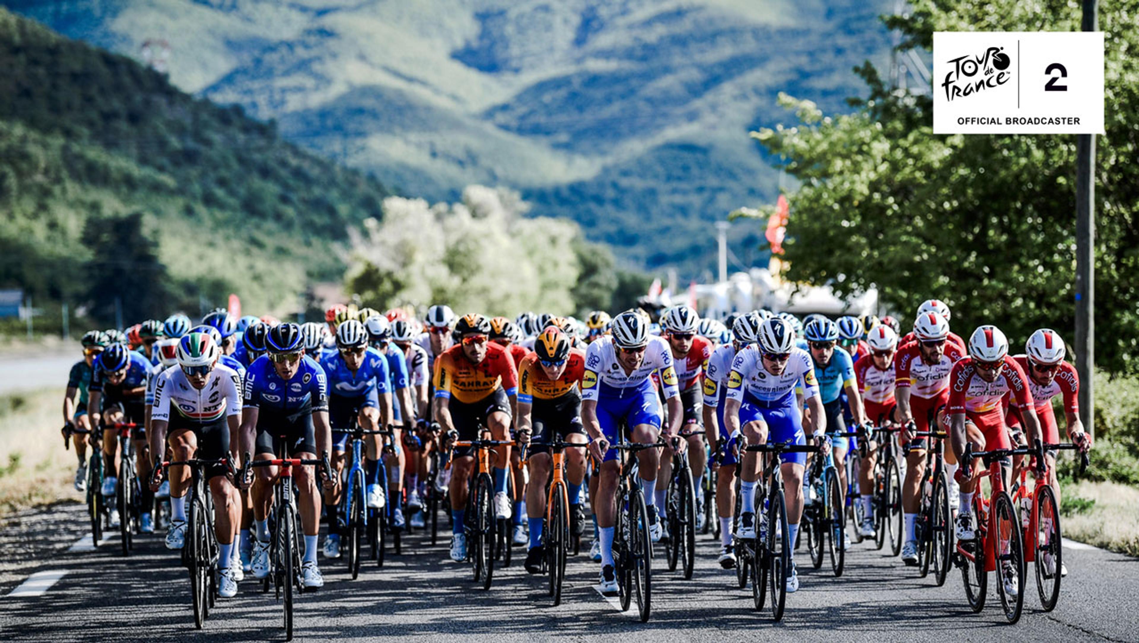 Sykkelryttere i frodige naturomgivelser under Tour de France 
