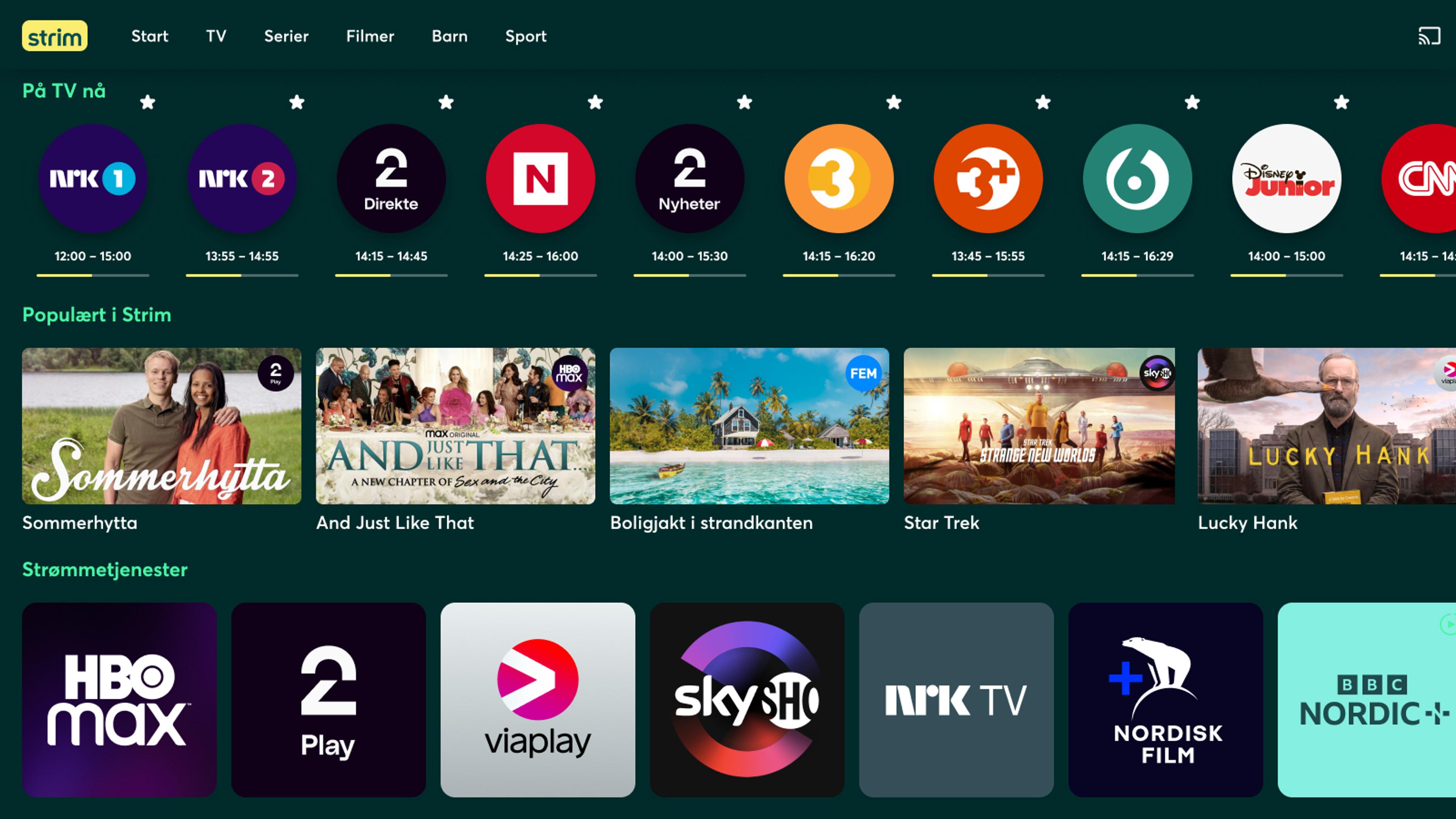 Strim-appen som viser TV-kanaler, populære filmer og serier og strømmetjenestene du får med tjenesten.