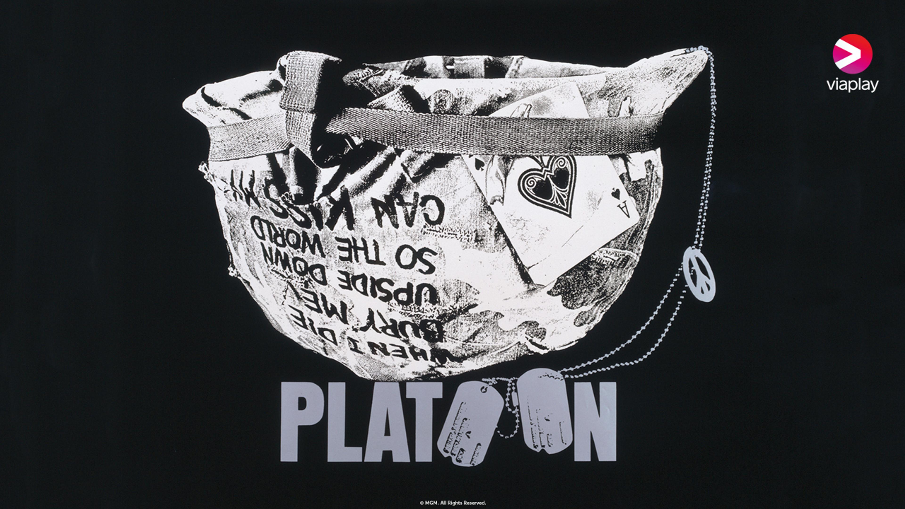 En illustrasjon av en hjelm fra vietnamkrigen ligger opp ned med ordet Platoon under.
