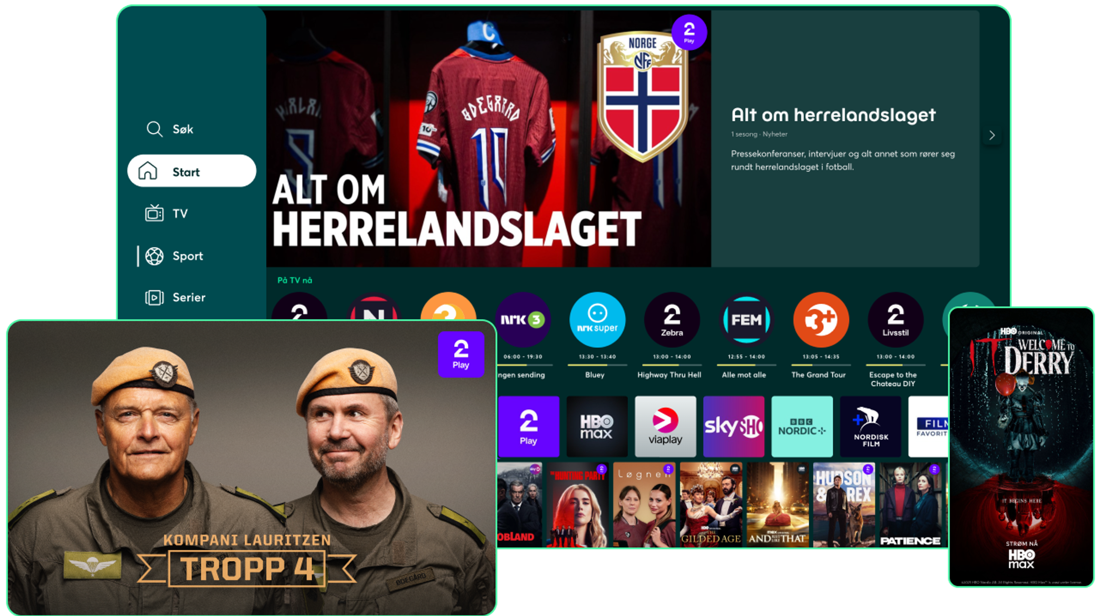 Tre bokser som representerer TV, nettbrett og mobil. Viser innhold fra Strim med fokus på filmer og serier.