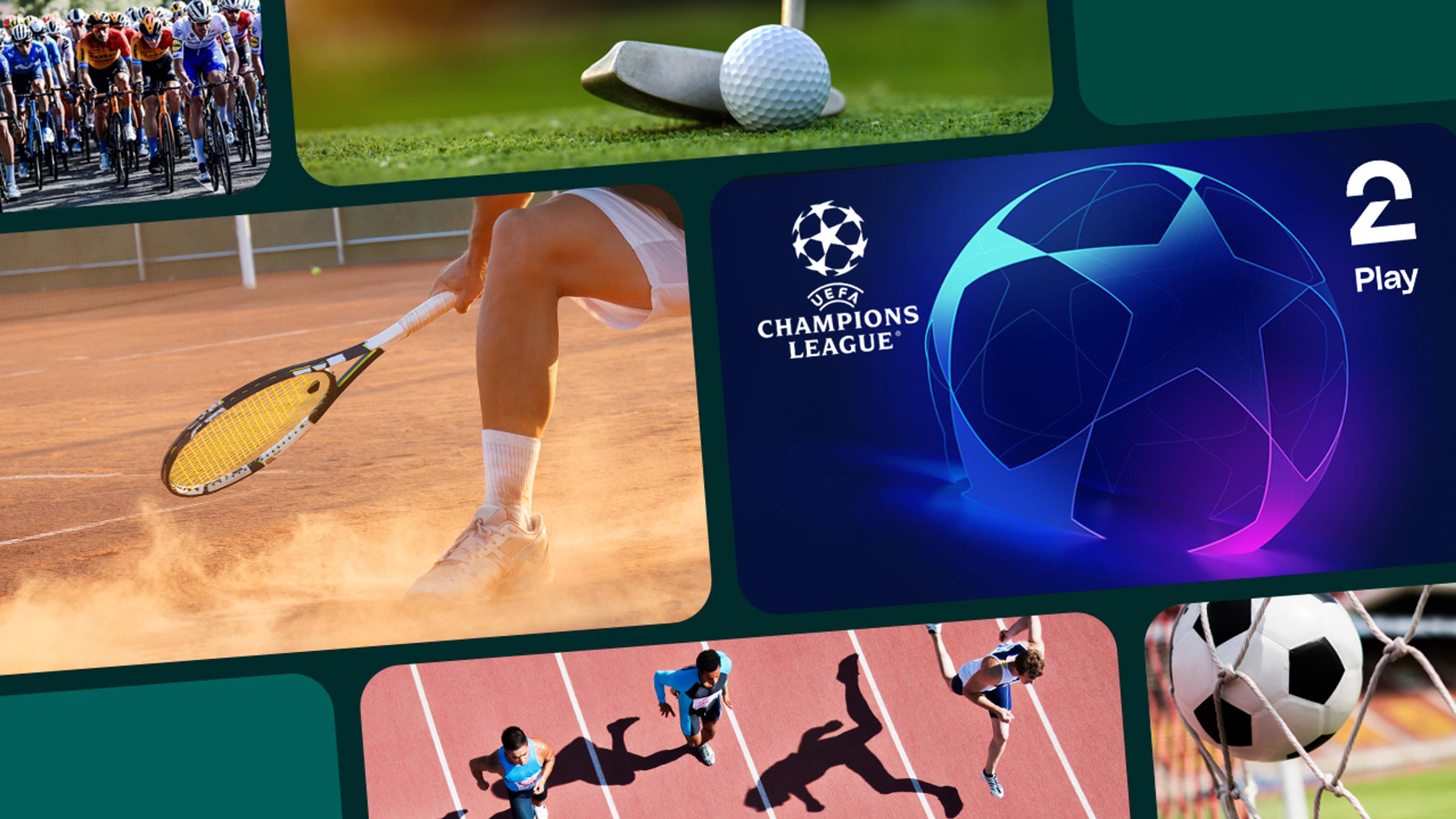 Collage av ulike sportsarrangementer, tennis, sykling, friidrett, golf og UEFA Champions League