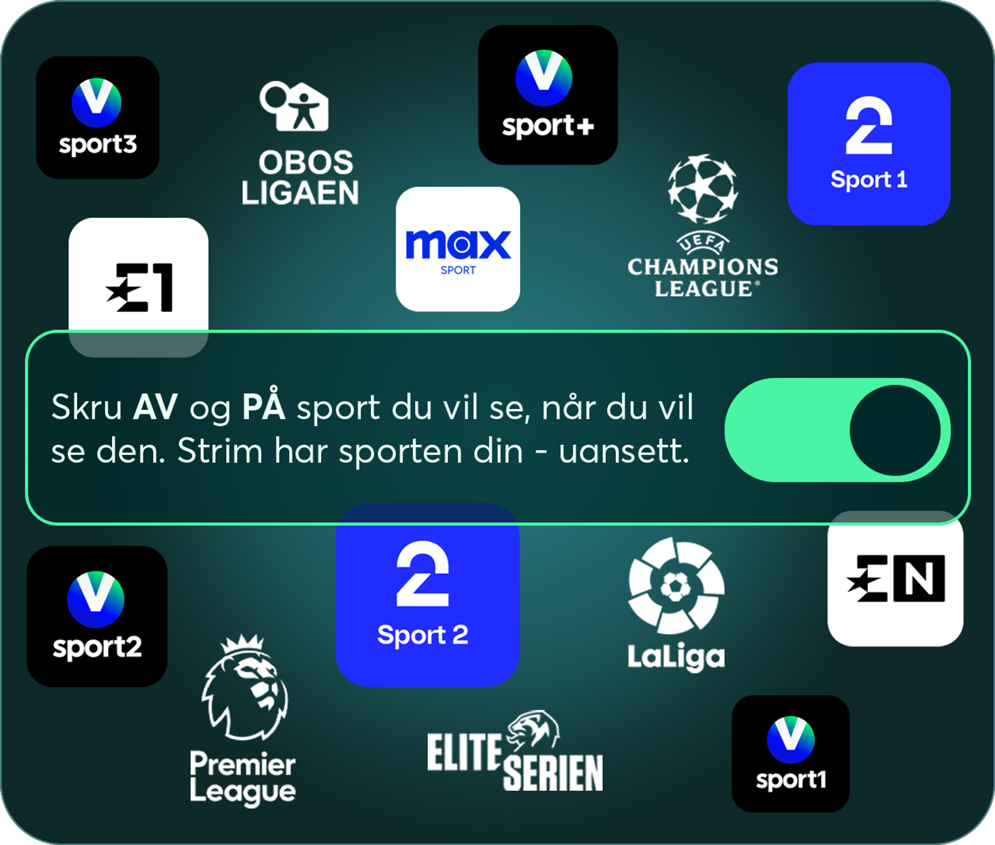 Bilde. 9 sportskanaler på grønn bakgrunn med tekst som sier at du enkelt kan slå av og på sporten din med Strim.