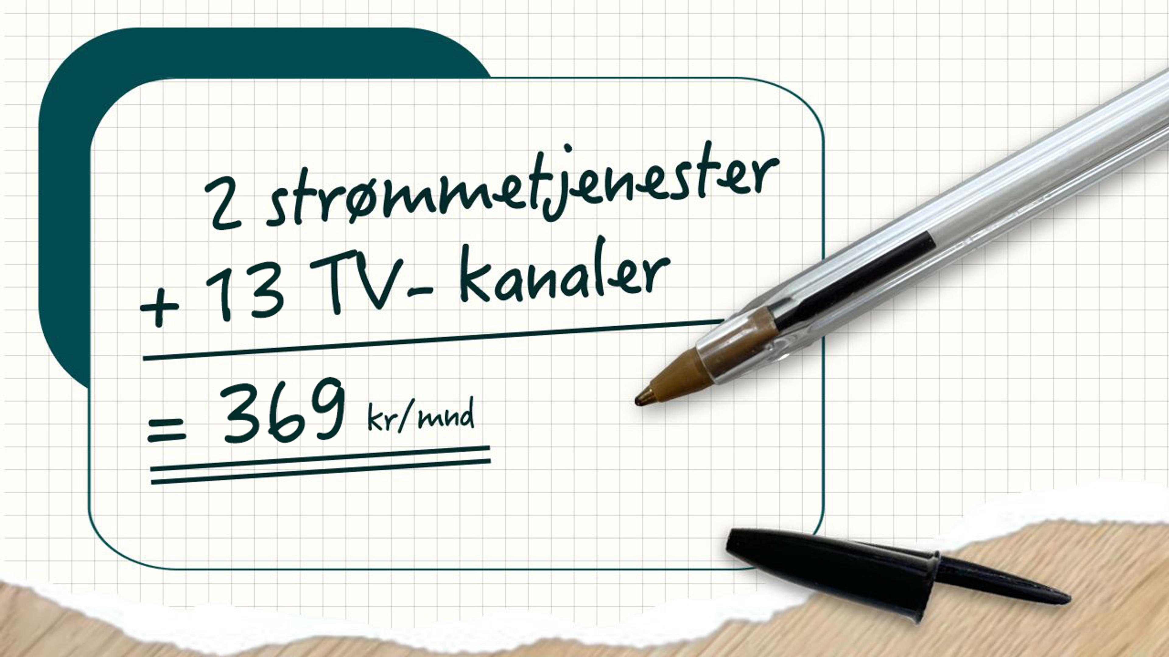 Regnestykke på et ruteark. Det står 2 strømmetjenester + 13 TV-kanaler = 369 kr/mnd